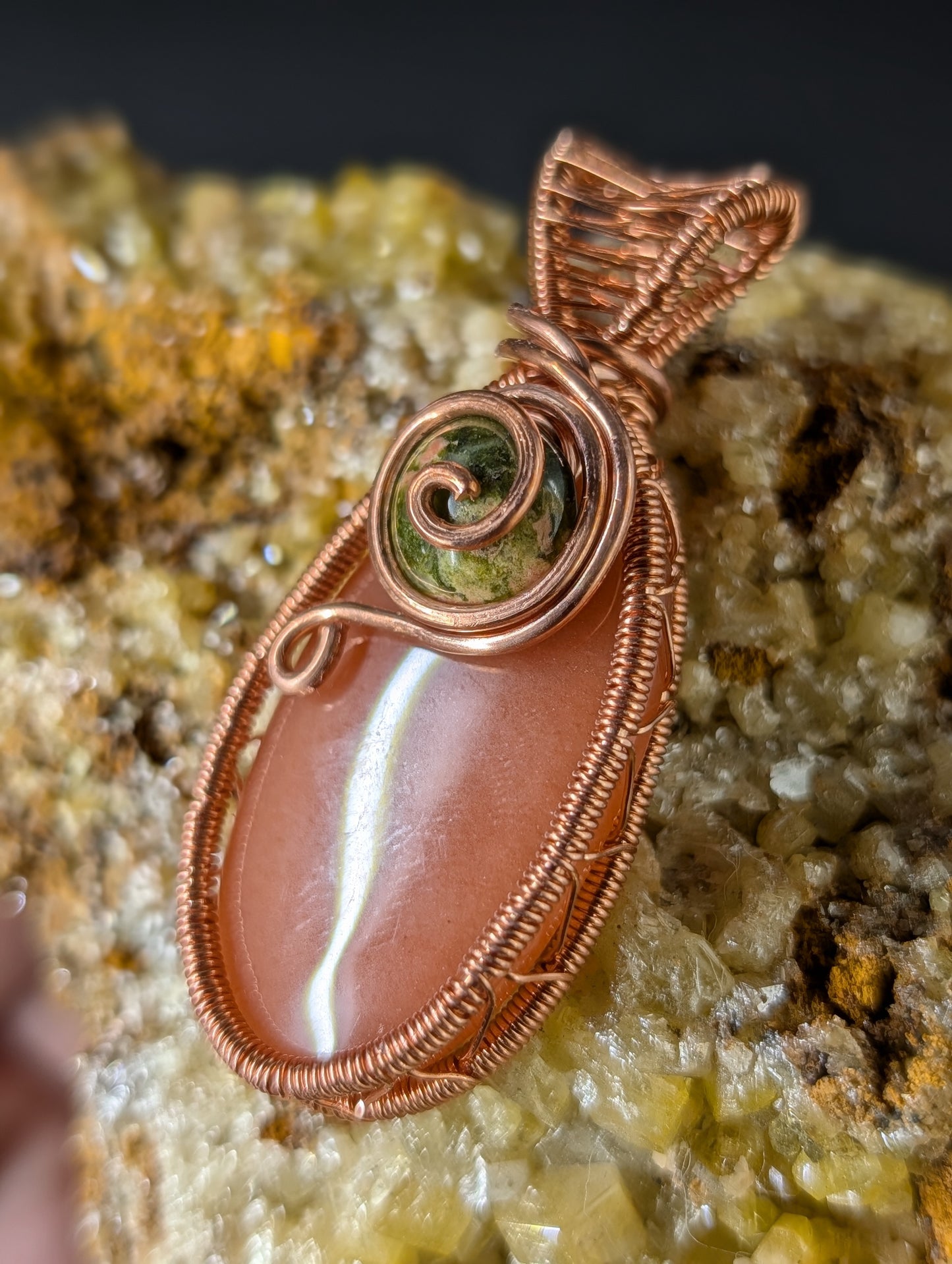 Aventurine - Peach - Oval Cabochon, Wire-Wrapped in Copper with Unakite