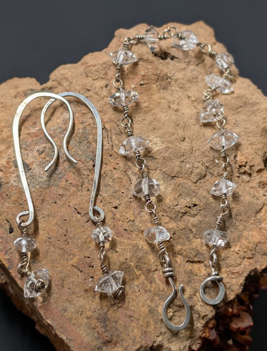 Herkimer Diamond and Fine Silver Earring & Bracelet Set – One of a Kind - Handmade