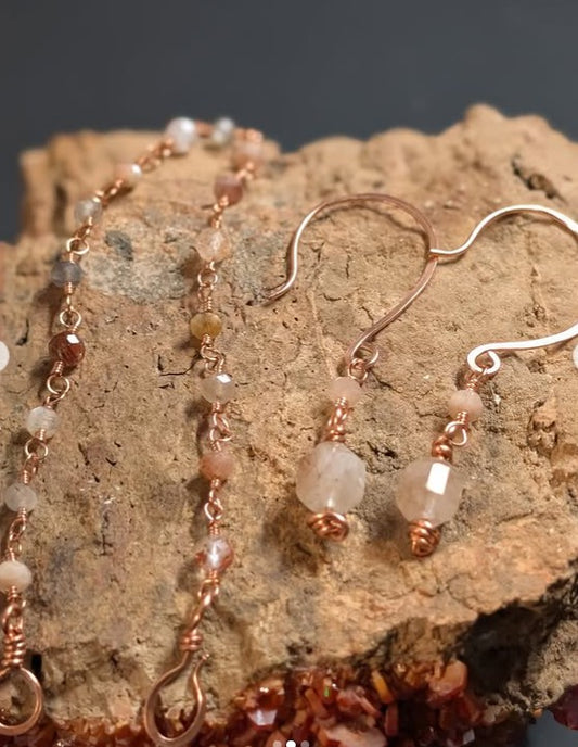 Rutilated Quartz and Copper Earring & Bracelet Set - Handmade