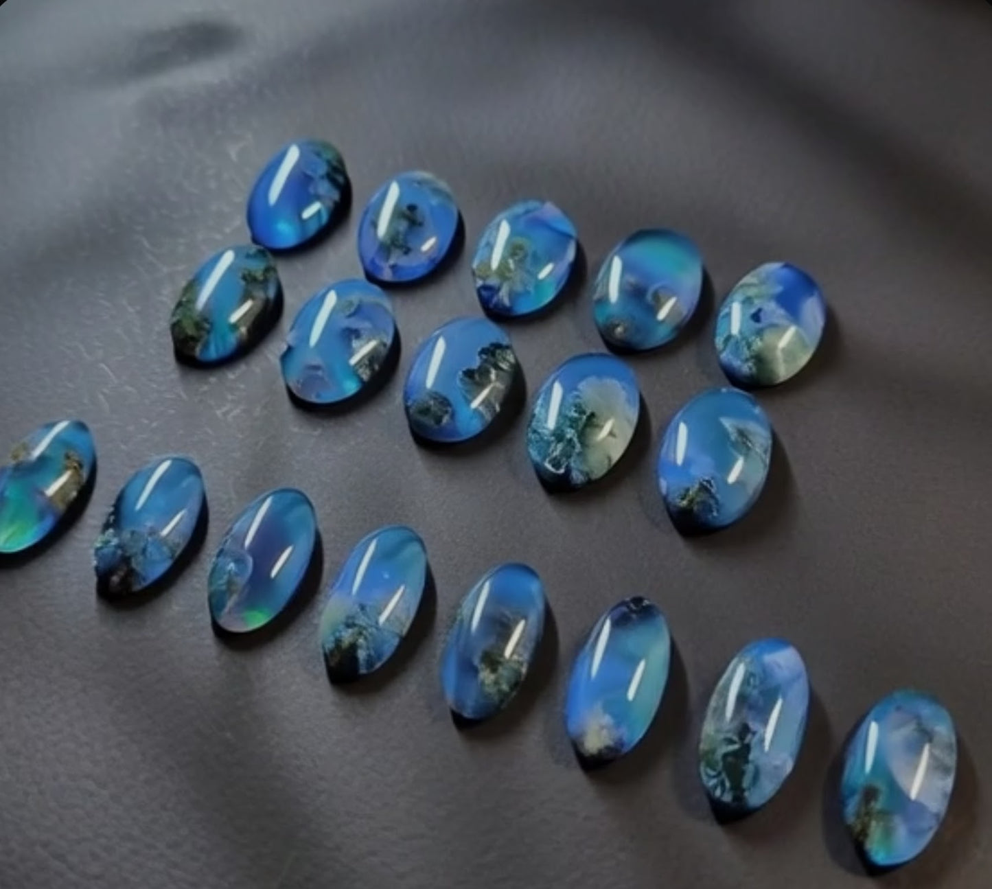 Caribbean Blue Moss Agate - Indonesia - Doublet Cabochon - 3 Piece Pendant and Matching Earring Set