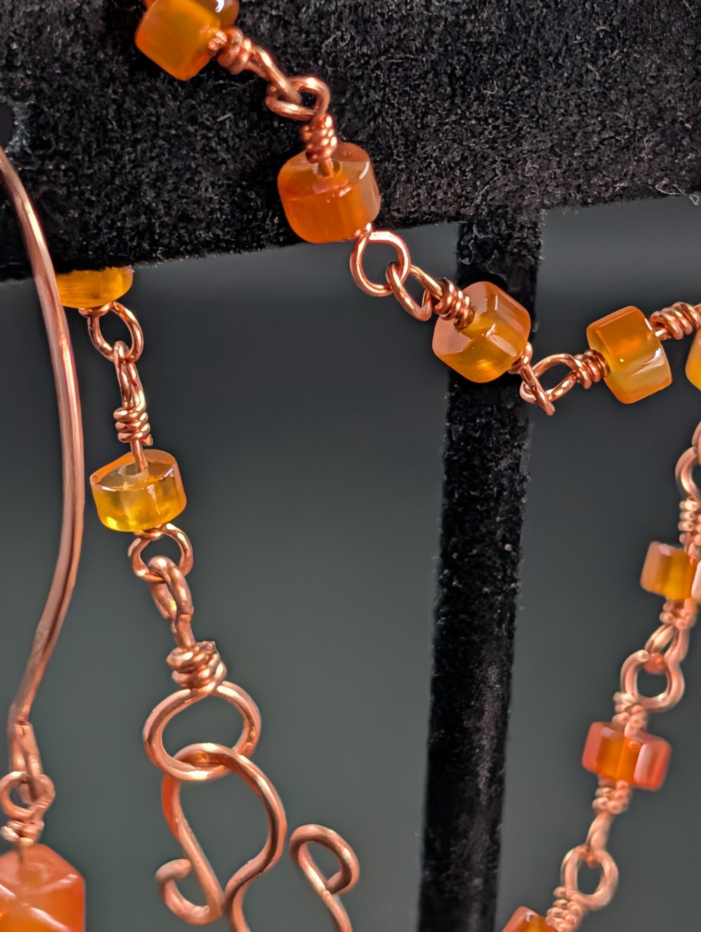 Handmade Carnelian Copper Earrings And Bracelet Set With Hand Wrapped Stones And Vintage Charm by Sacred Alchemy Studios