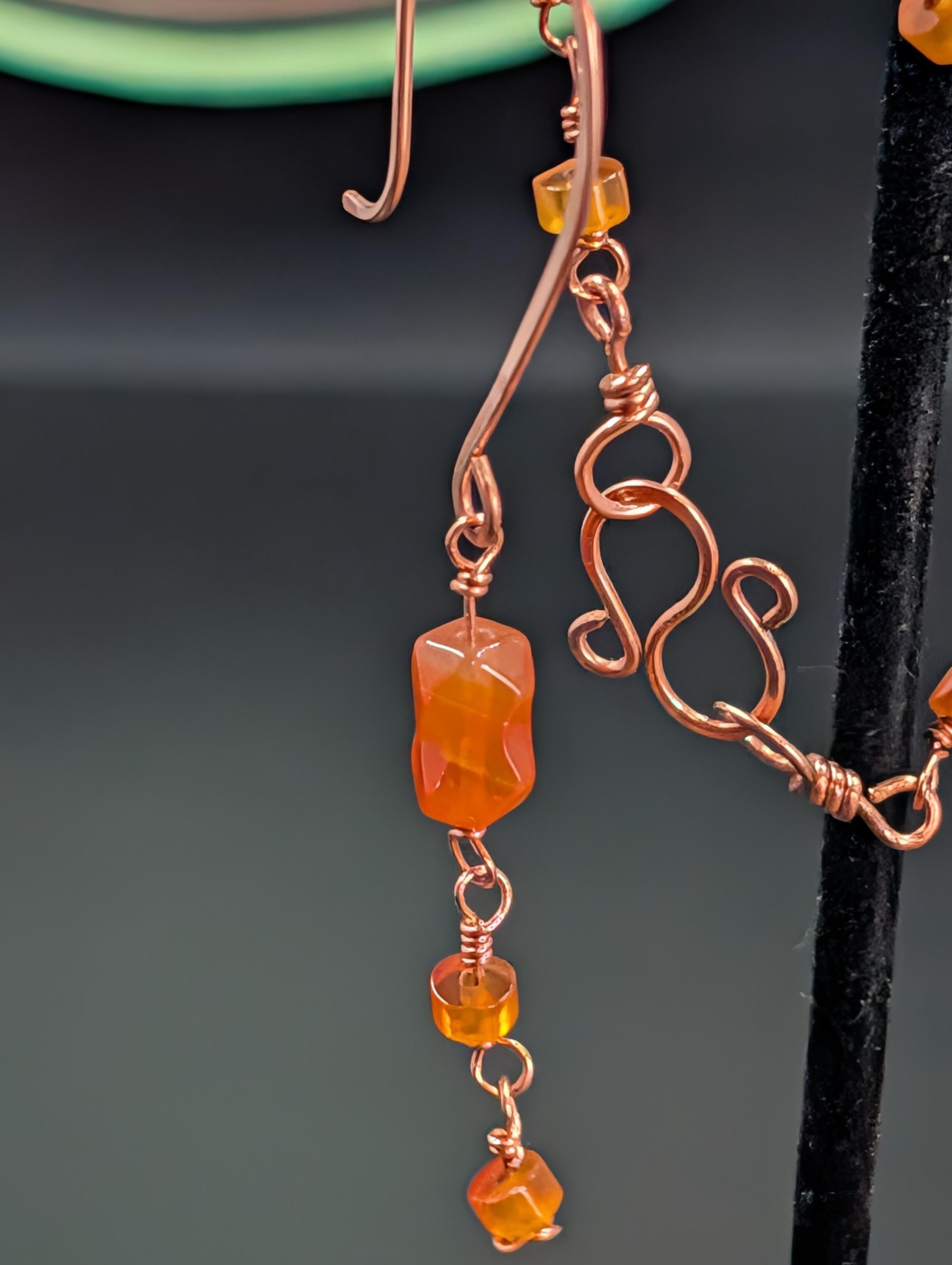 Handmade Carnelian Copper Earrings And Bracelet Set With Hand Wrapped Stones And Vintage Charm by Sacred Alchemy Studios