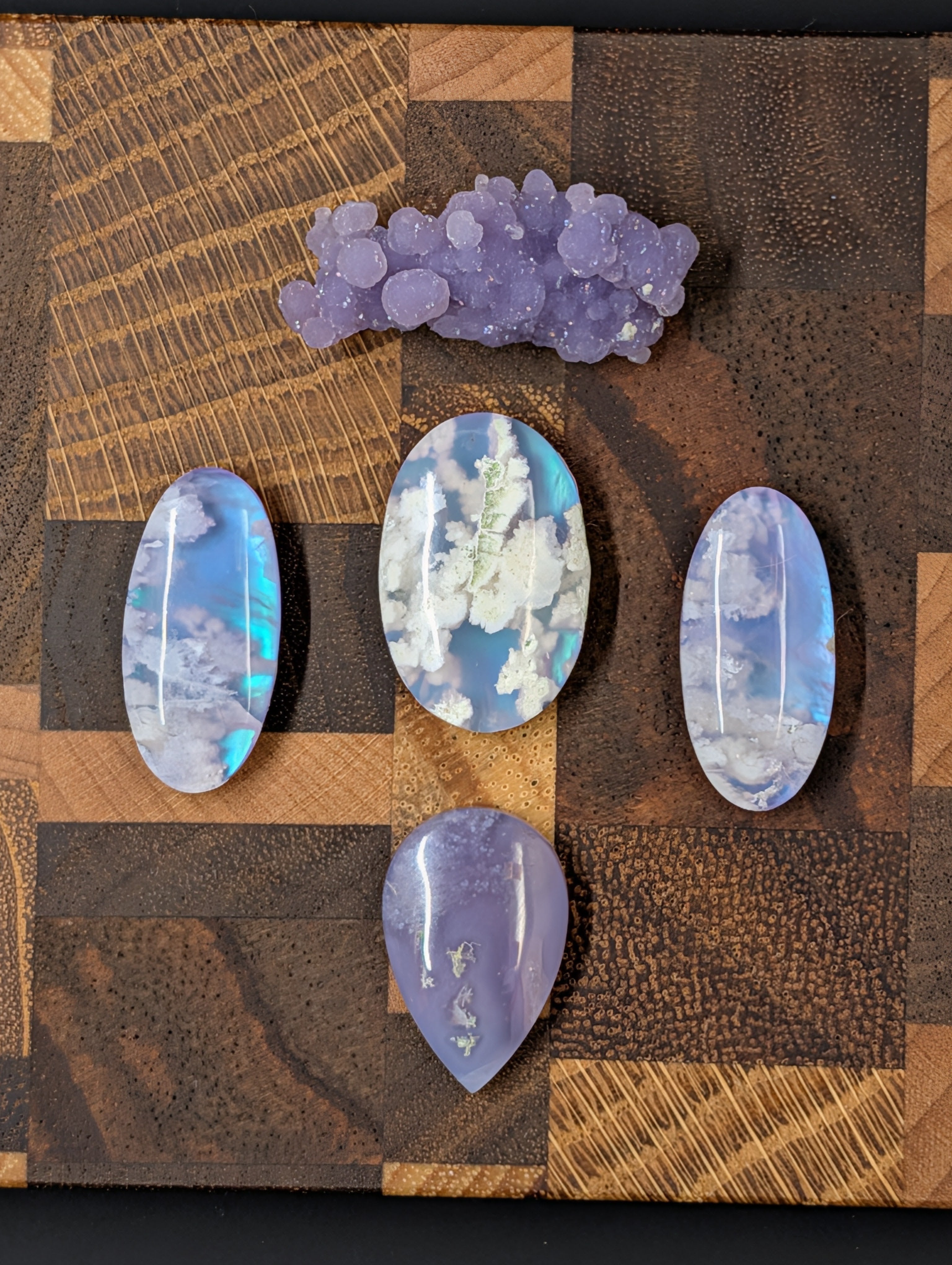 Purple Plume Aurora Doublet Pendant & Earrings Cabochon Set, Plus Teardrop Purple Moss Agate Pendant Cabochon, and Special Purple Grape Agate Piece