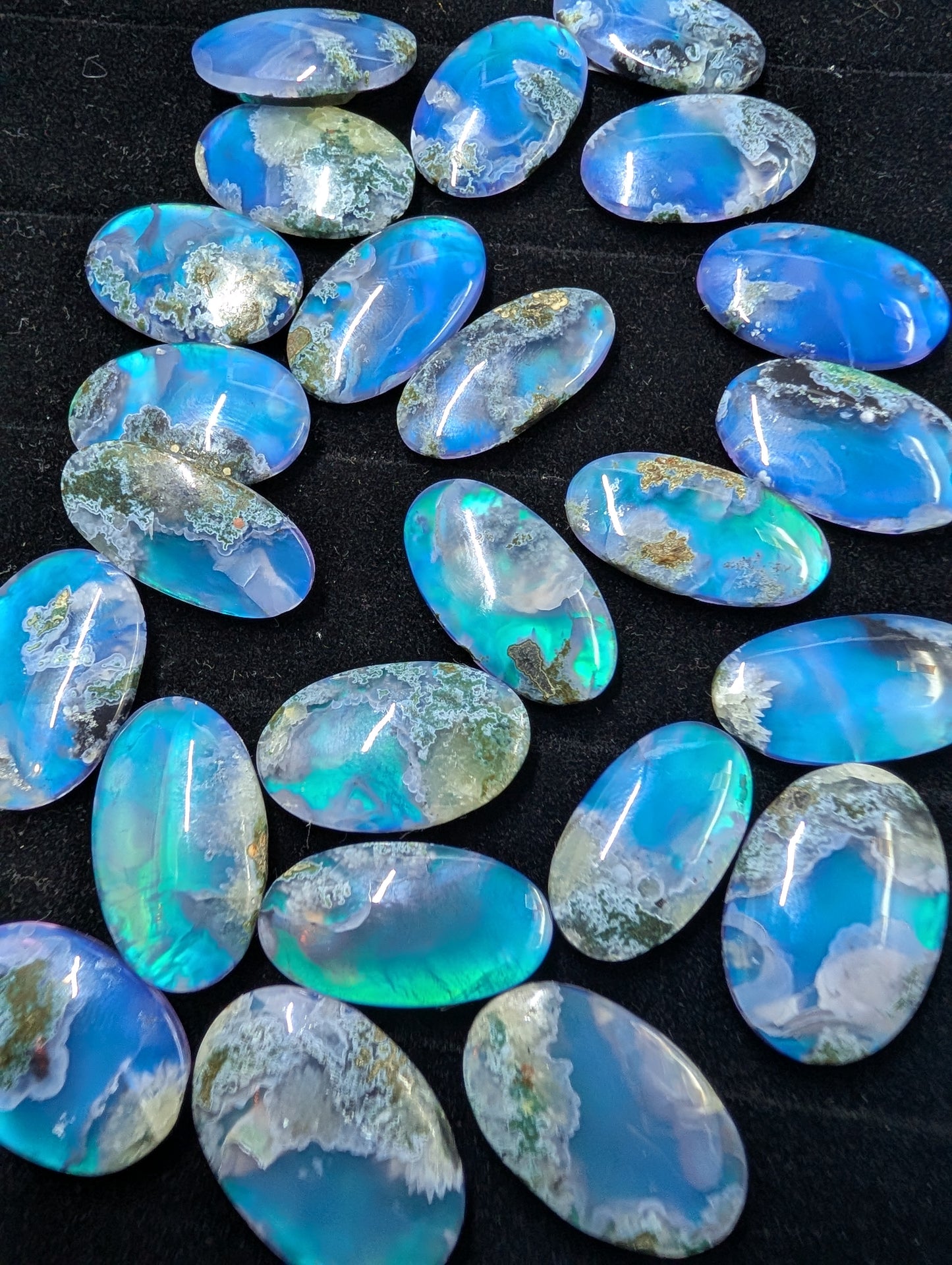 Caribbean Blue Moss Agate - Indonesia - Doublet Cabochon - 3 Piece Pendant and Matching Earring Set