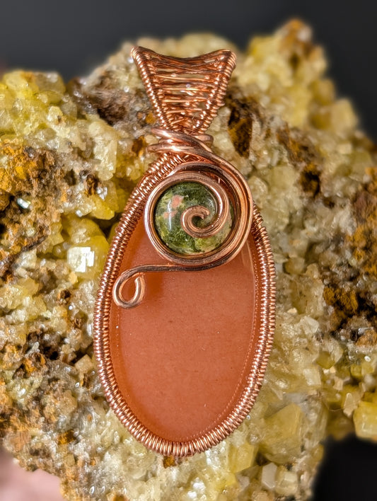 Aventurine - Peach - Oval Cabochon, Wire-Wrapped in Copper with Unakite