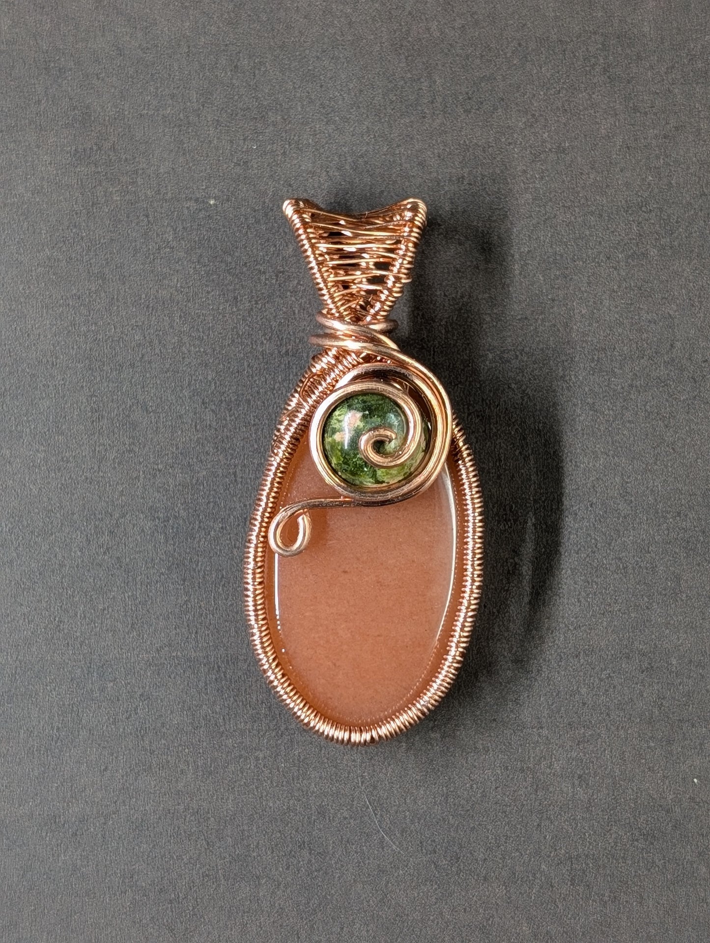 Aventurine - Peach - Oval Cabochon, Wire-Wrapped in Copper with Unakite