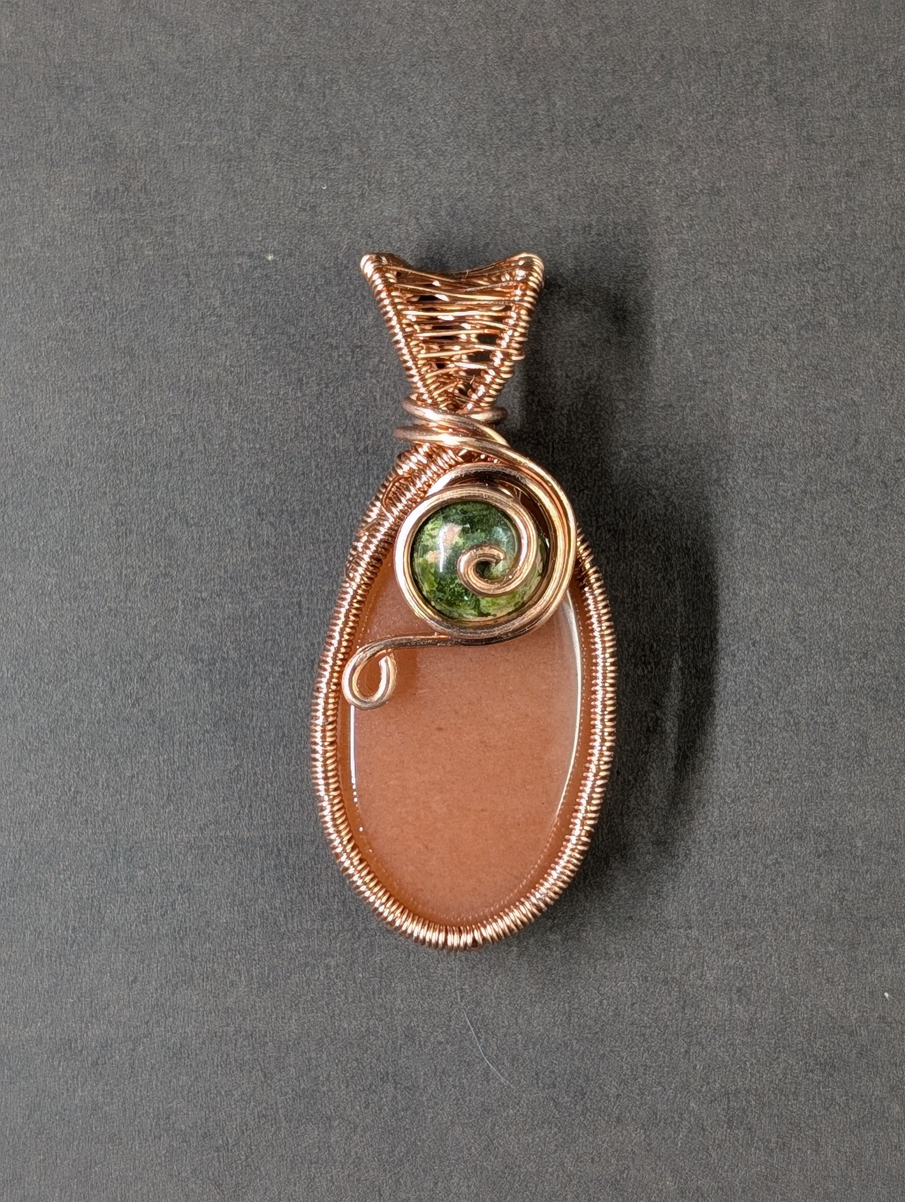 Handmade Peach Aventurine Oval Cabochon Wire Wrapped In Copper With Unakite Accent Bead Pendant by Sacred Alchemy Studios