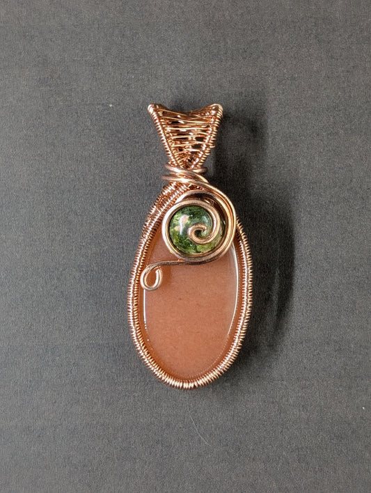 Aventurine - Peach - Oval Cabochon, Wire-Wrapped in Copper with Unakite