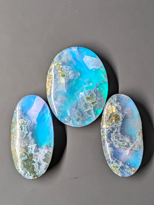 Caribbean Blue Moss Agate - Indonesia - Doublet Cabochon - 3 Piece Pendant and Matching Earring Set