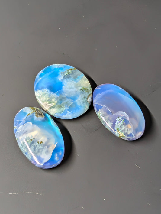 Caribbean Blue Moss Agate - Indonesia - Doublet Cabochon - 3 Piece Pendant and Matching Earring Set