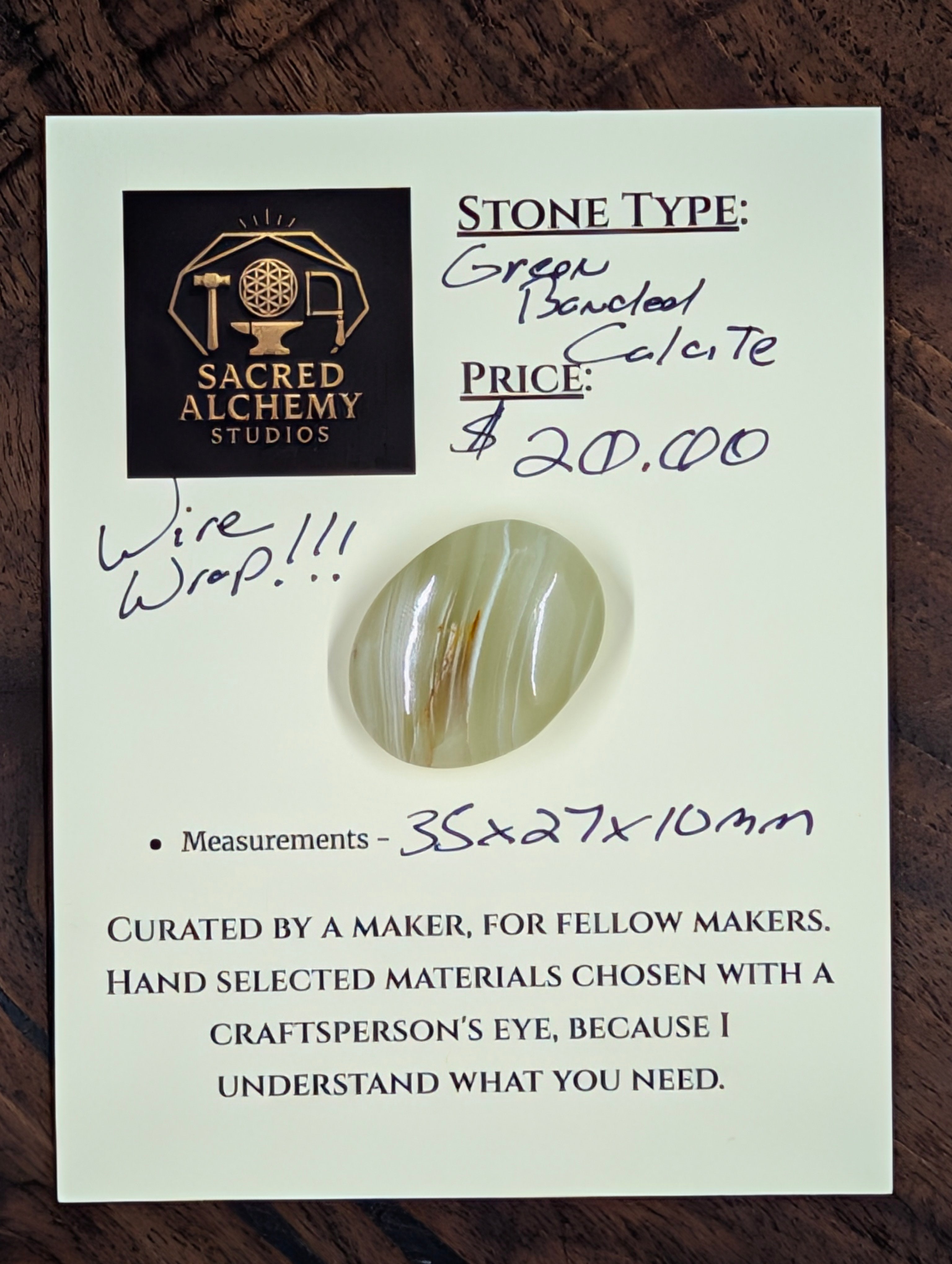 Green Banded Calcite Cabochon for Wire Wrapping - Back not Flat by Sacred Alchemy Studios