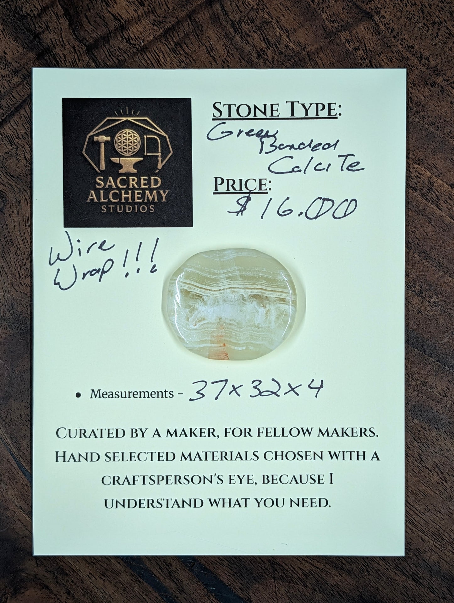 Green Banded Calcite Cabochon for Wire Wrapping - Back not Flat