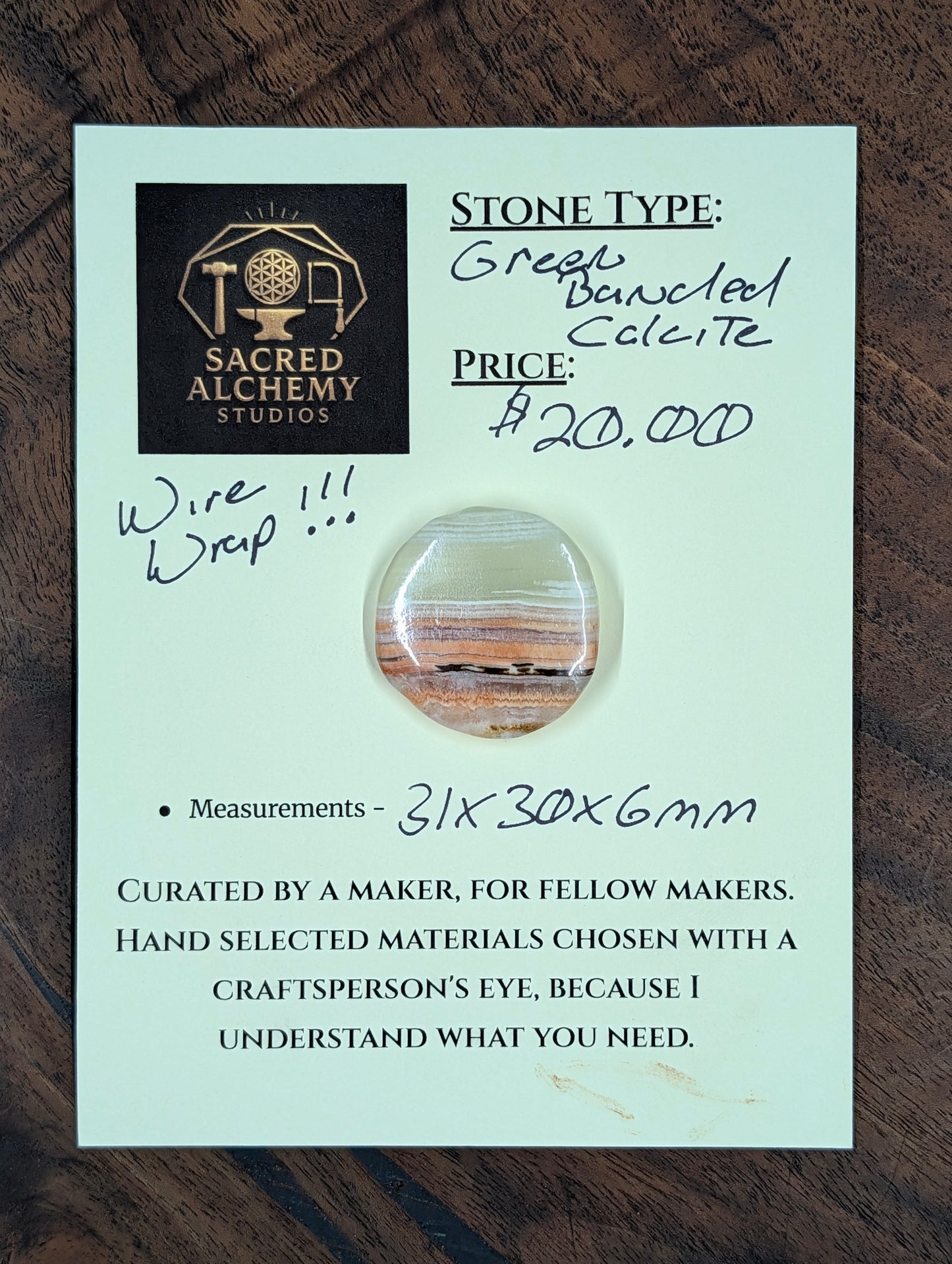 Green Banded Calcite Cabochon for Wire Wrapping - Back not Flat