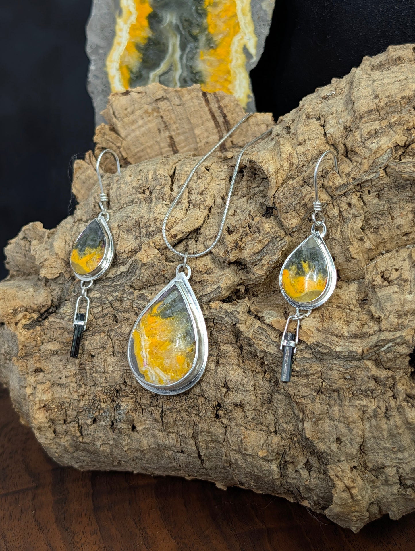 Bumblebee Jasper, Tourmaline, & Silver - Harmonized Pendant & Earring Set