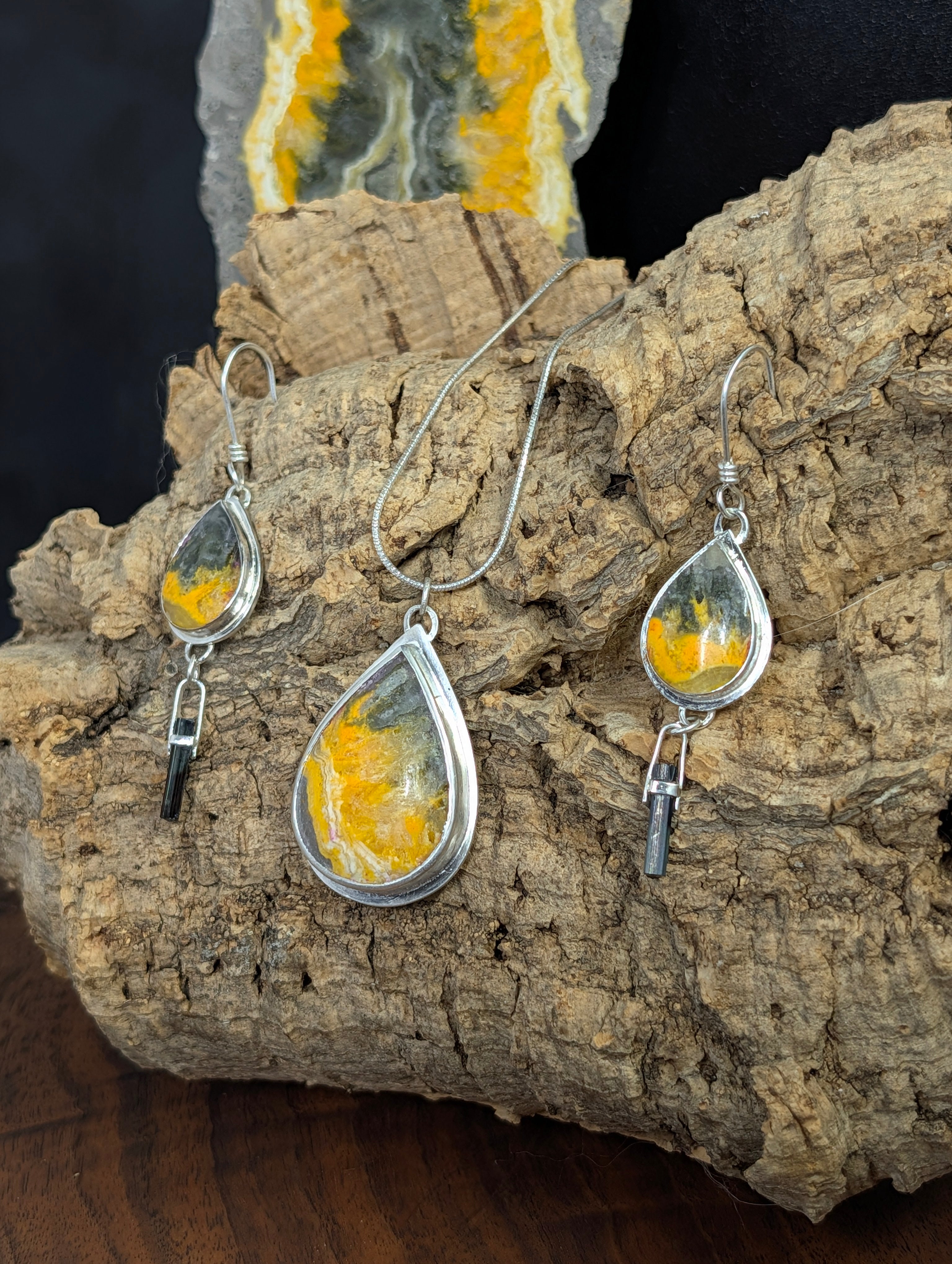 Bumblebee Jasper and Tourmaline in Silver Harmonized Pendant and Earring Set for Sacred Alchemy Foundation of Fire by Sacred Alchemy Studios