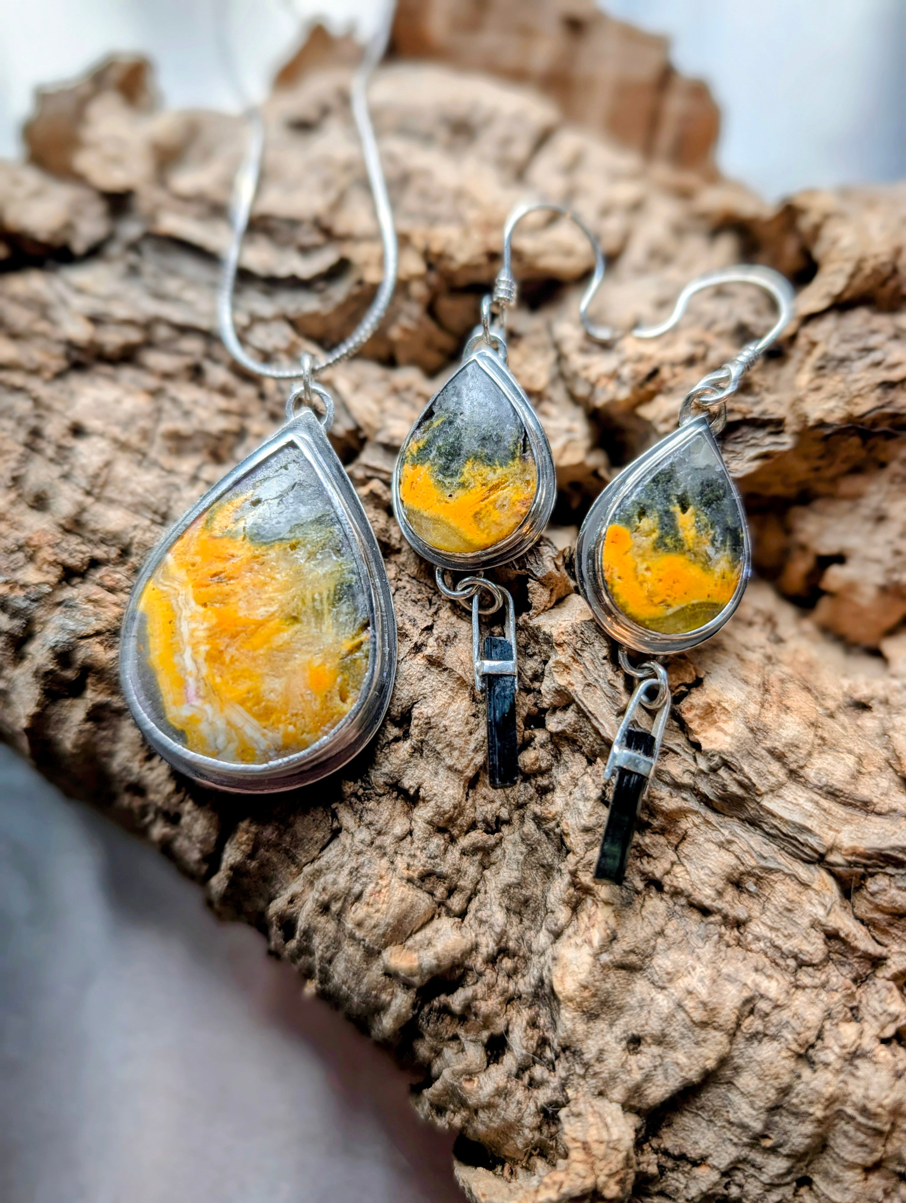 Bumblebee Jasper and Tourmaline in Silver Harmonized Pendant and Earring Set for Sacred Alchemy Foundation of Fire by Sacred Alchemy Studios