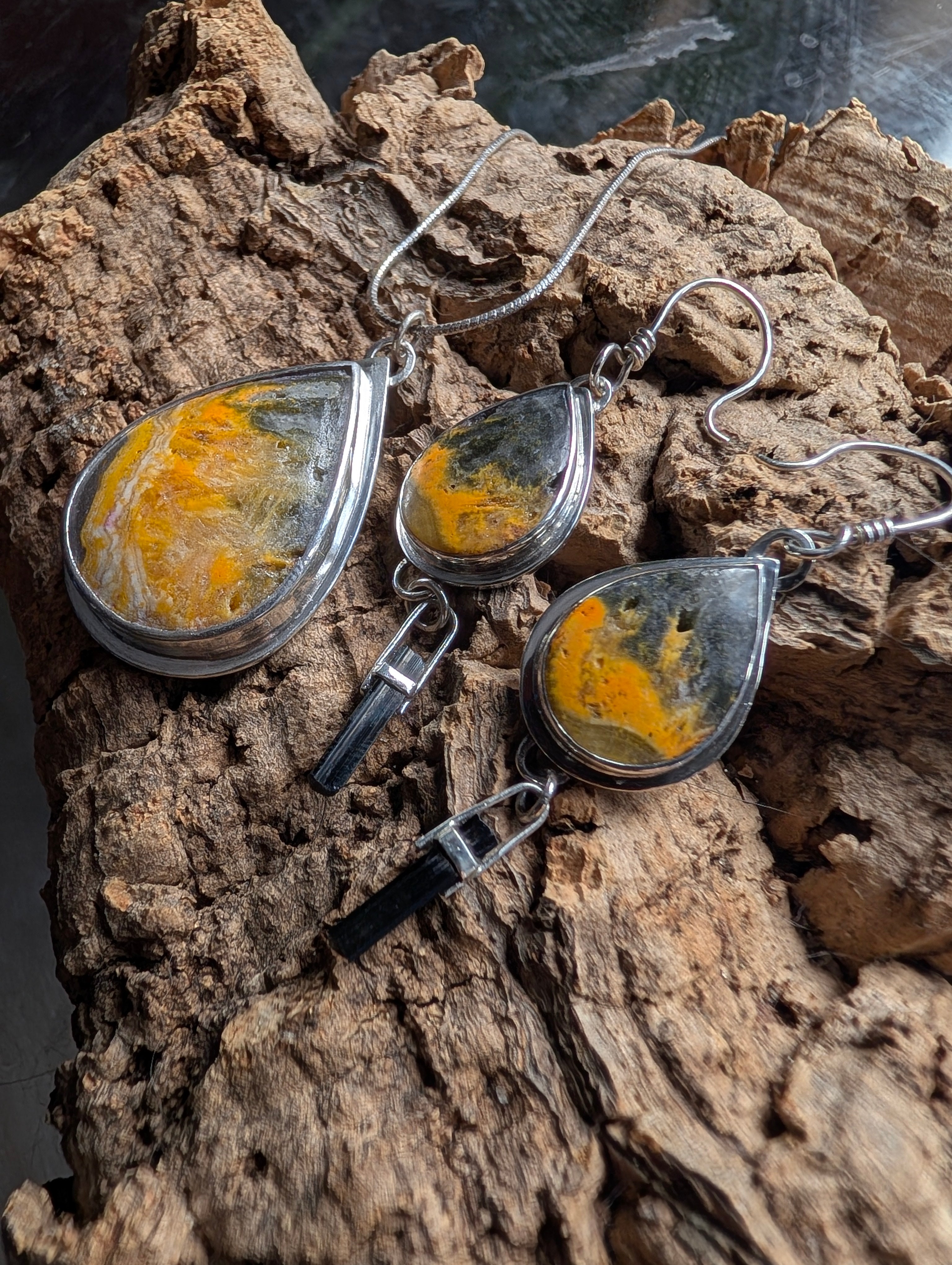 Bumblebee Jasper and Tourmaline in Silver Harmonized Pendant and Earring Set for Sacred Alchemy Foundation of Fire by Sacred Alchemy Studios