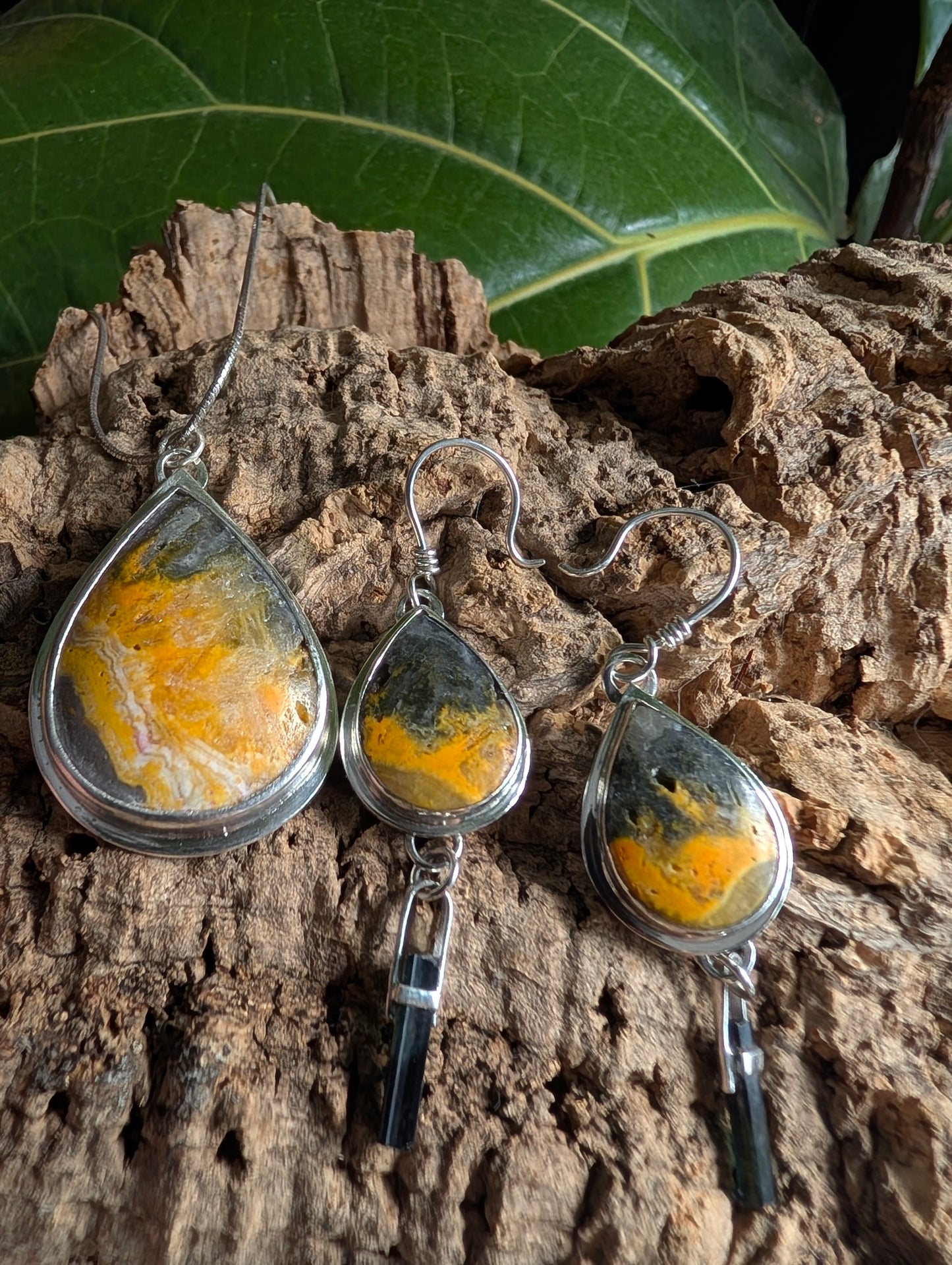 Bumblebee Jasper, Tourmaline, & Silver - Harmonized Pendant & Earring Set