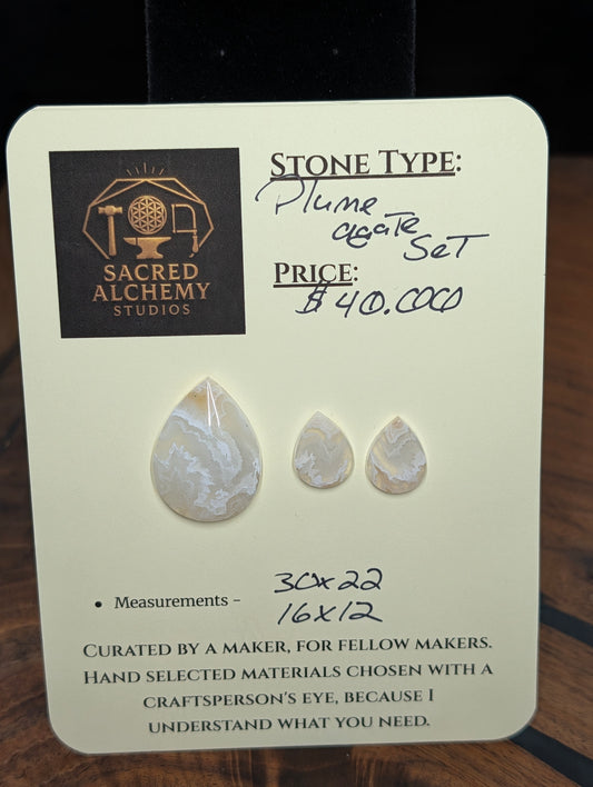 Tear Shape – Plume Agate - Cabochon Pendant and Earrings