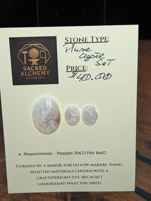 Oval Shape  – Plume Agate - Cabochon Pendant and Earrings