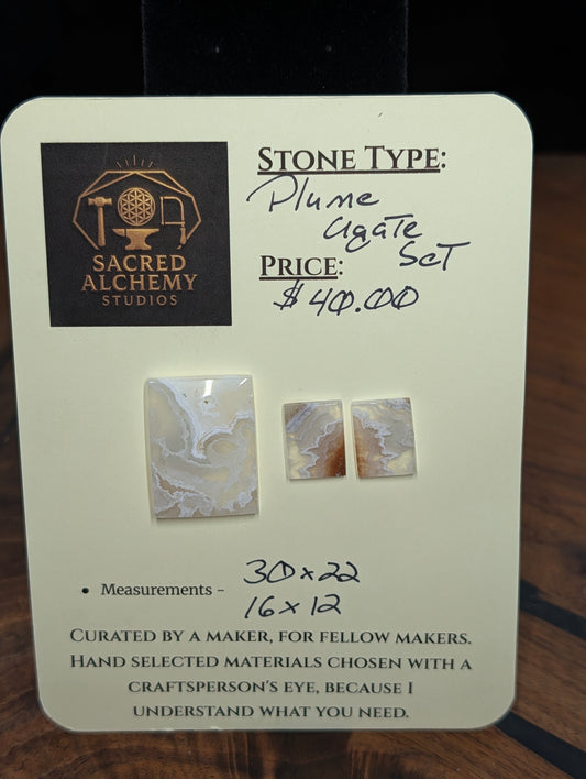 Rectangle Shape  – Plume Agate - Cabochon Pendant and Earrings