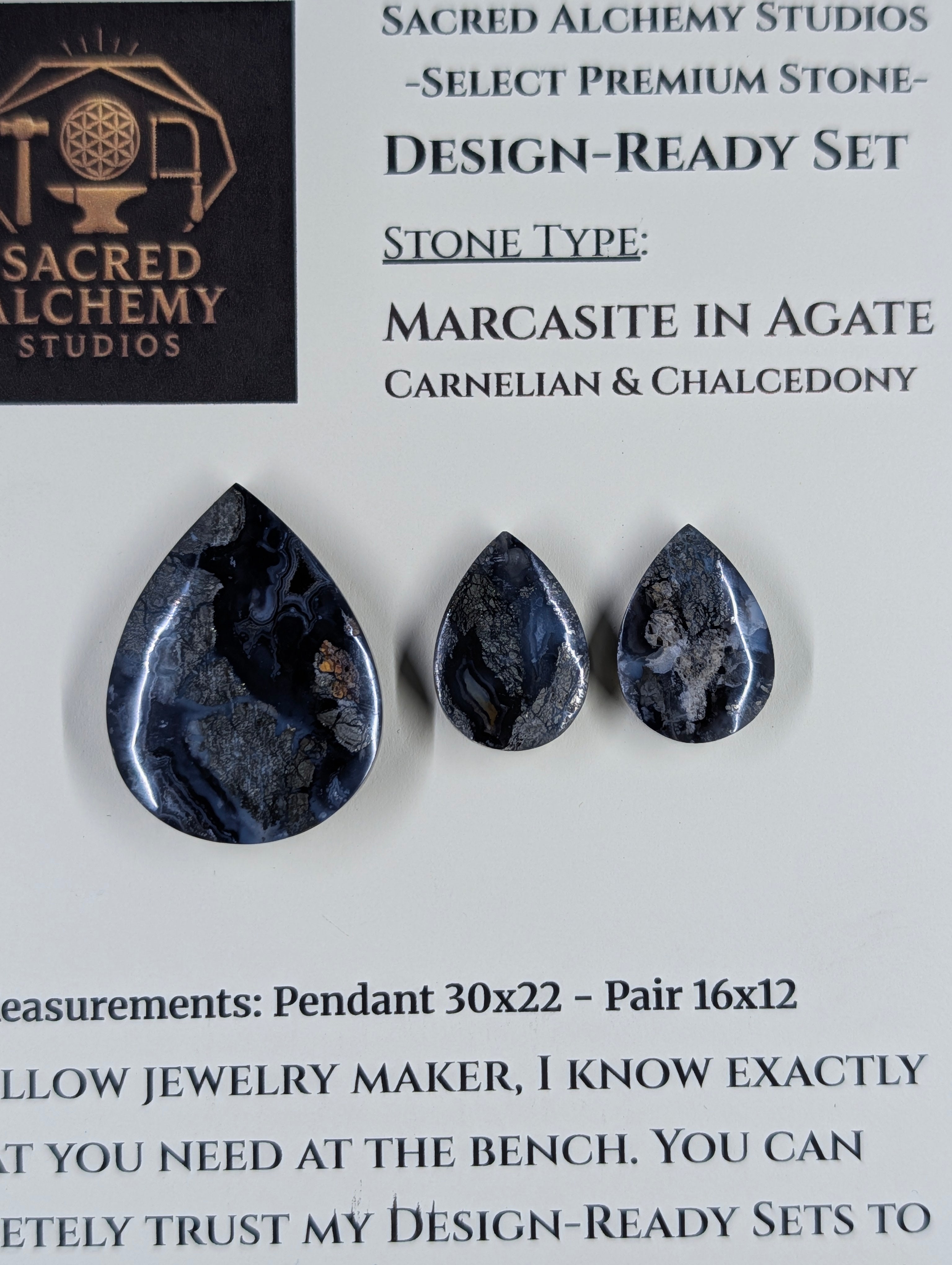 Tear Shape - Marcasite in Agate - Sacred Alchemy Select - Design-Ready Set