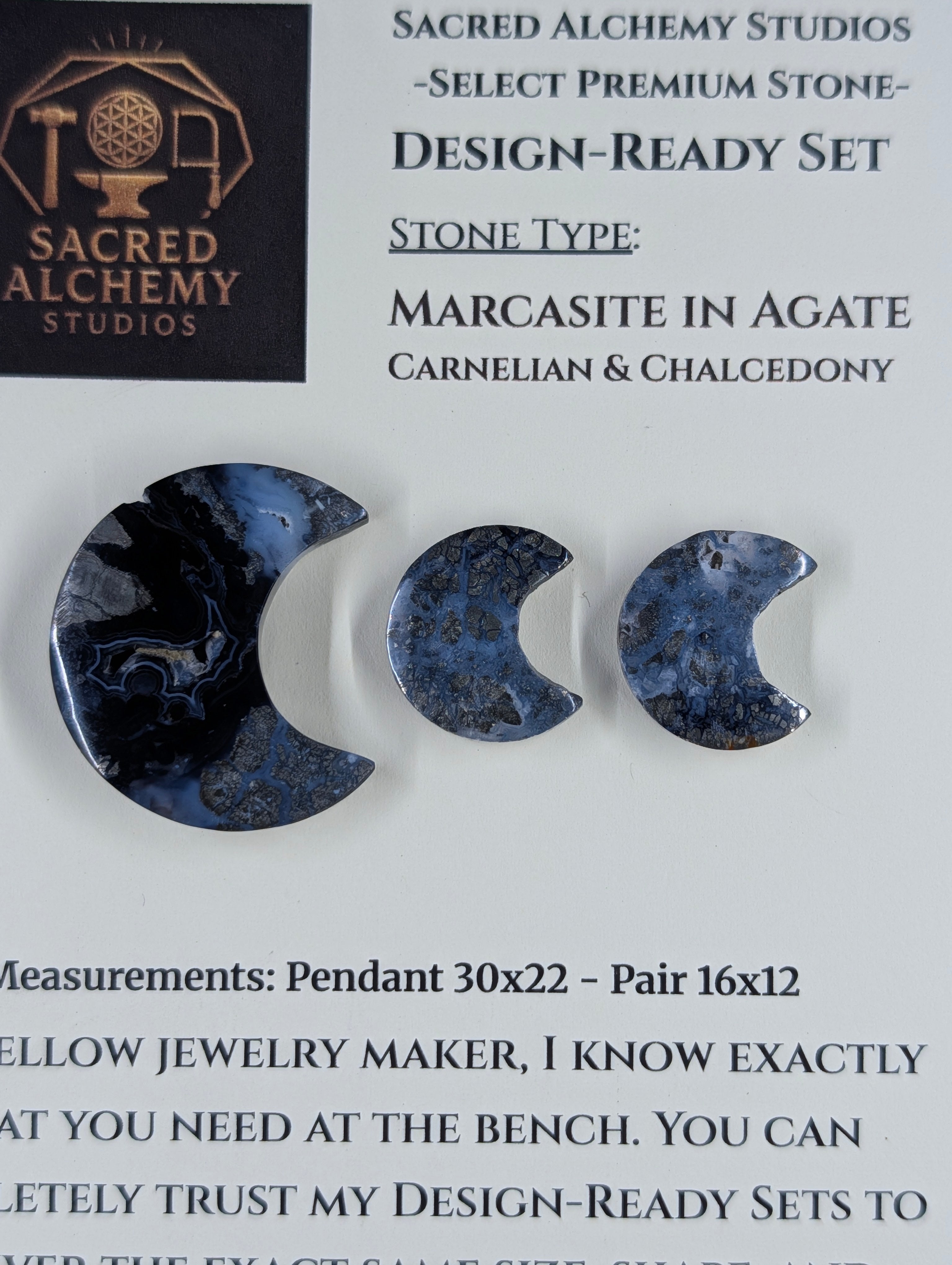 Crescent Moon - Marcasite in Agate - Sacred Alchemy Select - Design-Ready Set