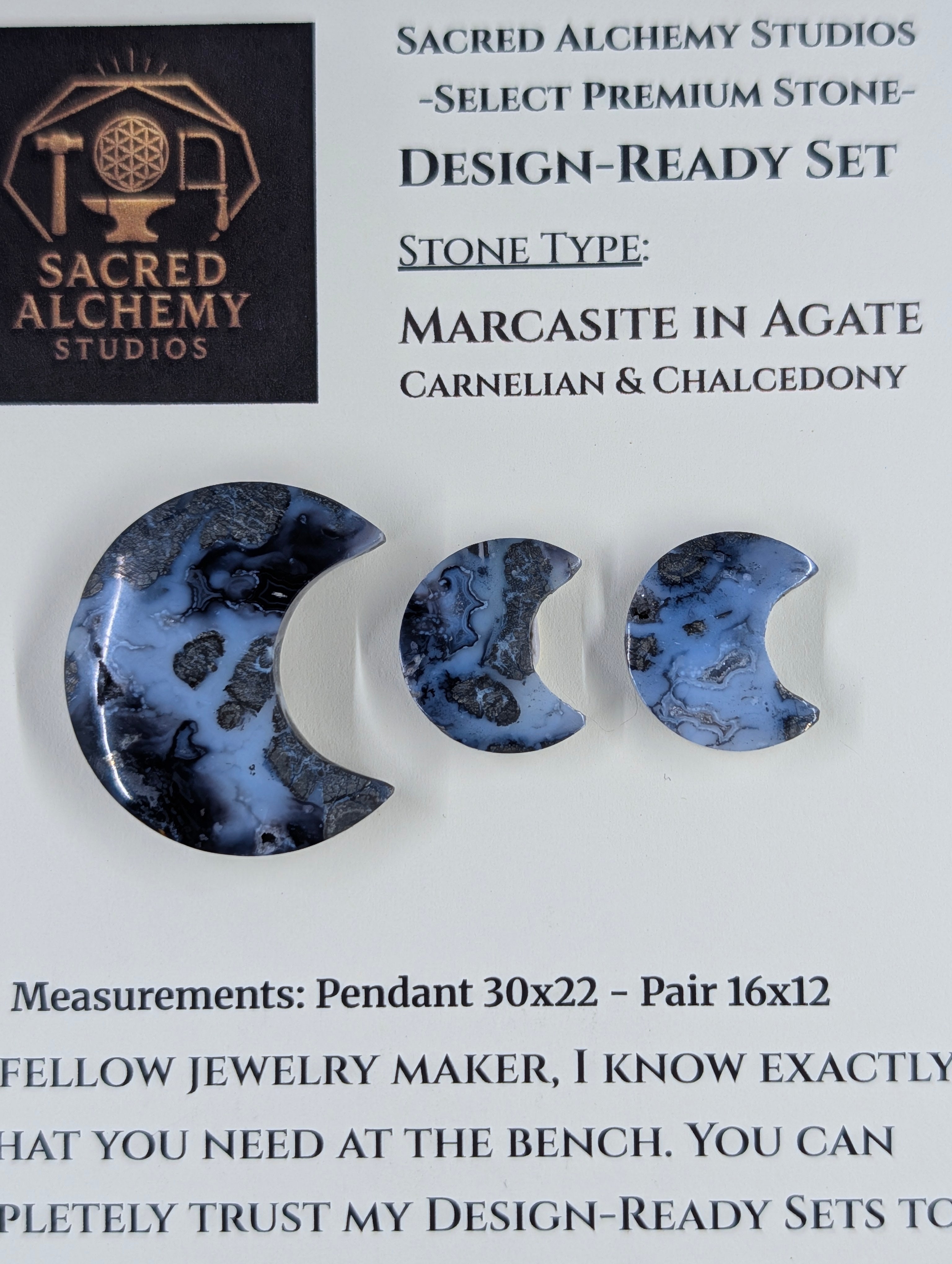Crescent Moon - Marcasite in Agate - Sacred Alchemy Select - Design-Ready Set