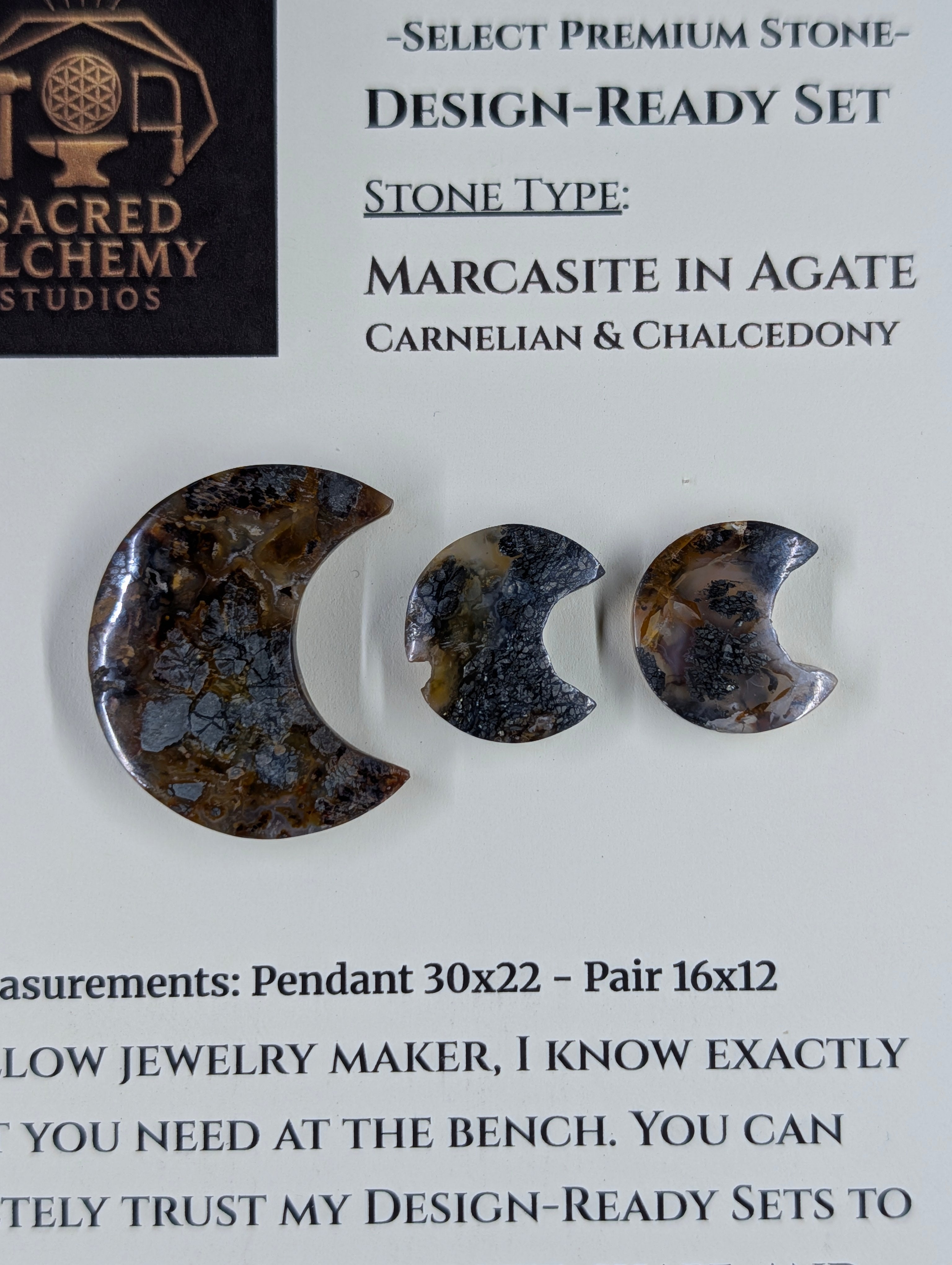 Crescent Moon - Marcasite in Agate - Sacred Alchemy Select - Design-Ready Set