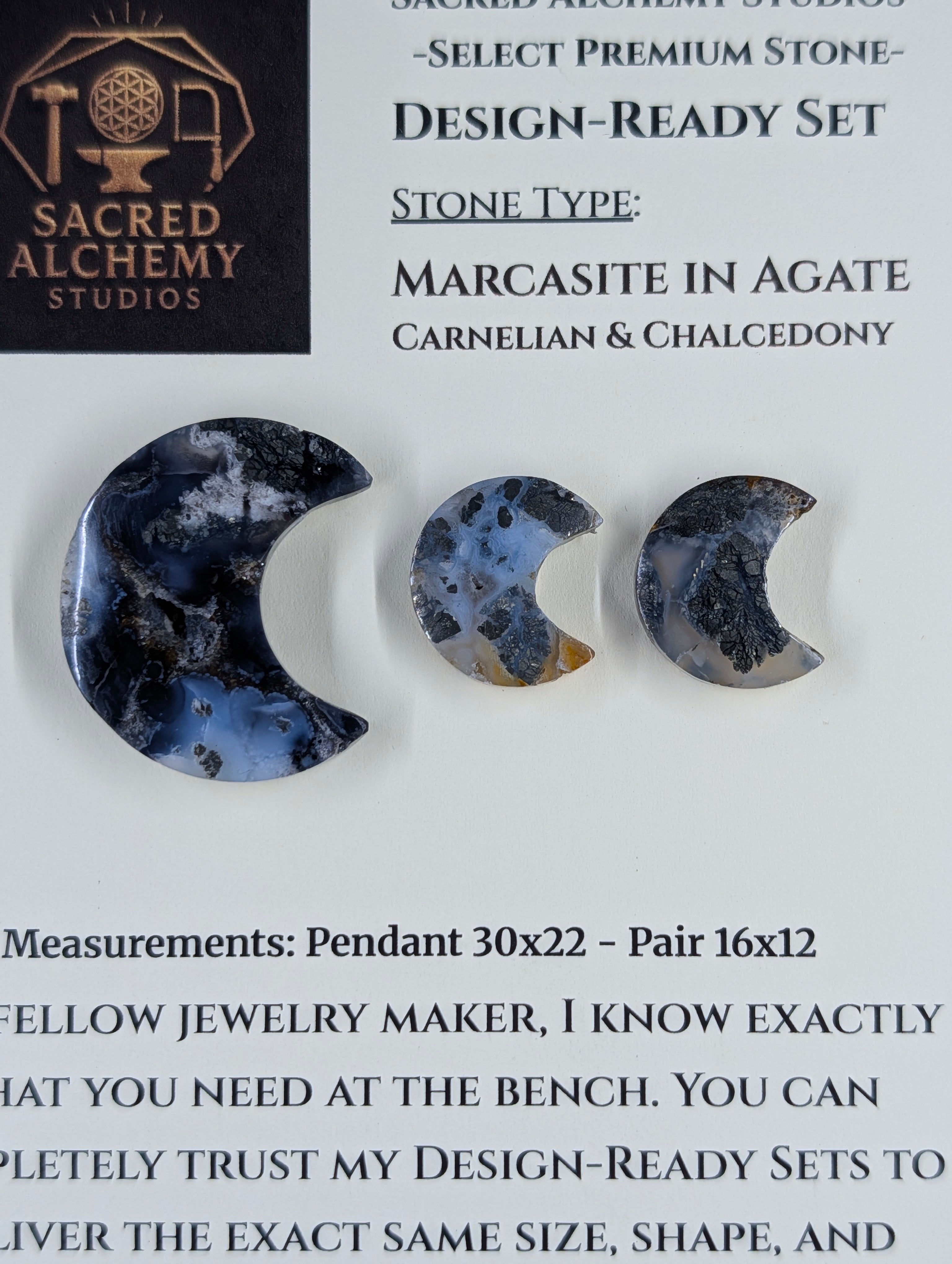 Crescent Moon - Marcasite in Agate - Sacred Alchemy Select - Design-Ready Set