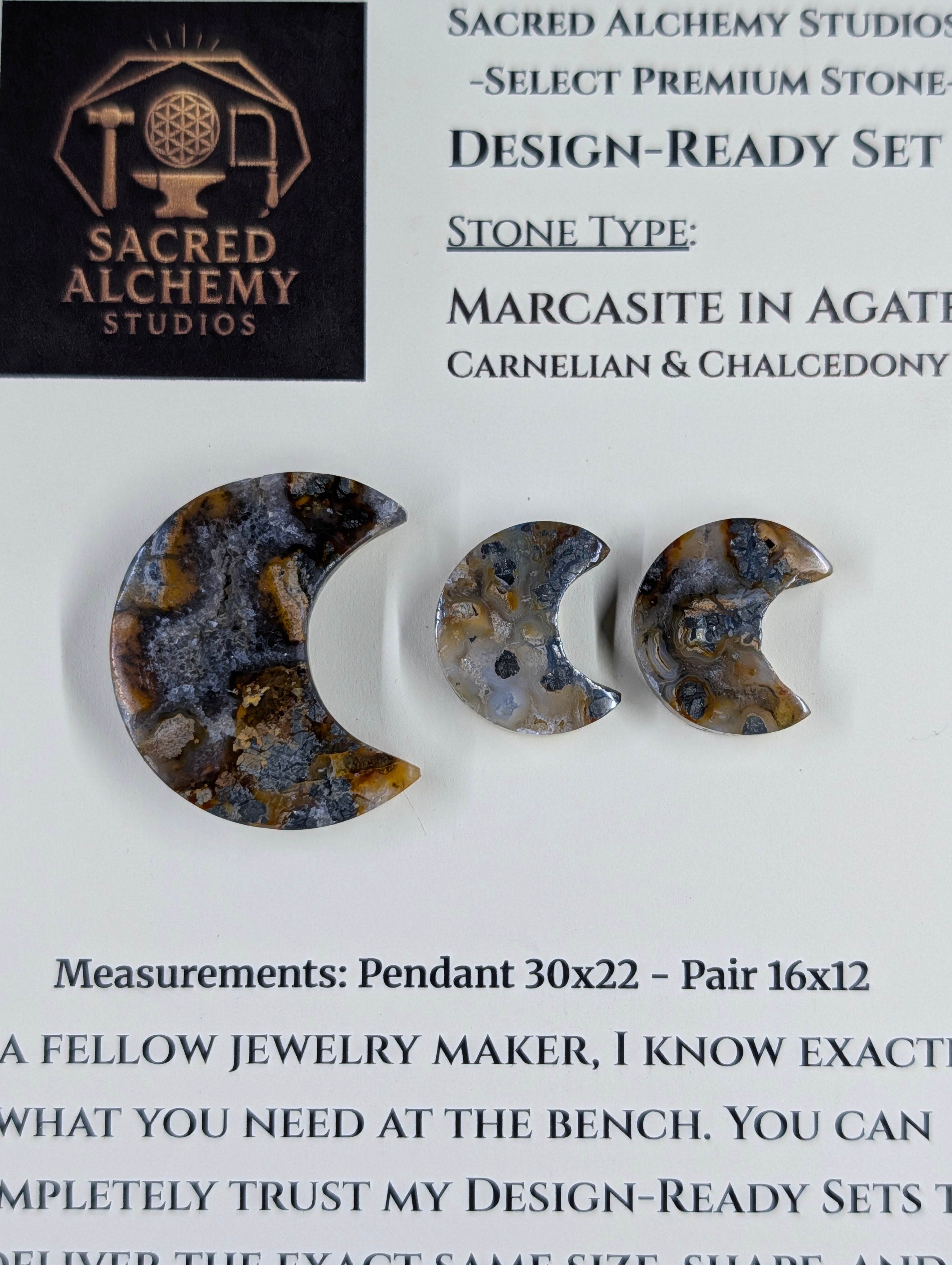 Crescent Moon - Marcasite in Agate - Sacred Alchemy Select - Design-Ready Set