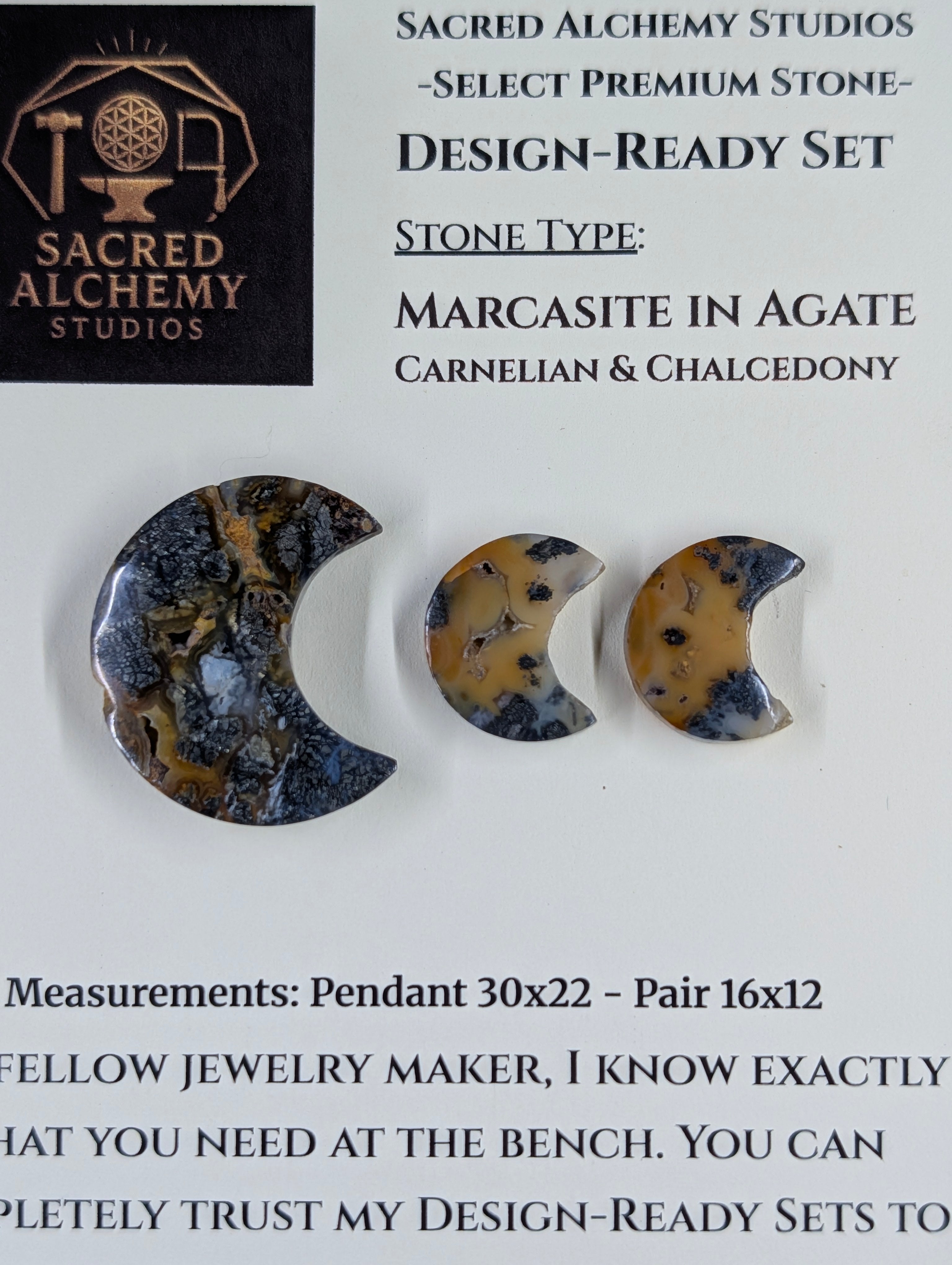 Crescent Moon - Marcasite in Agate - Sacred Alchemy Select - Design-Ready Set