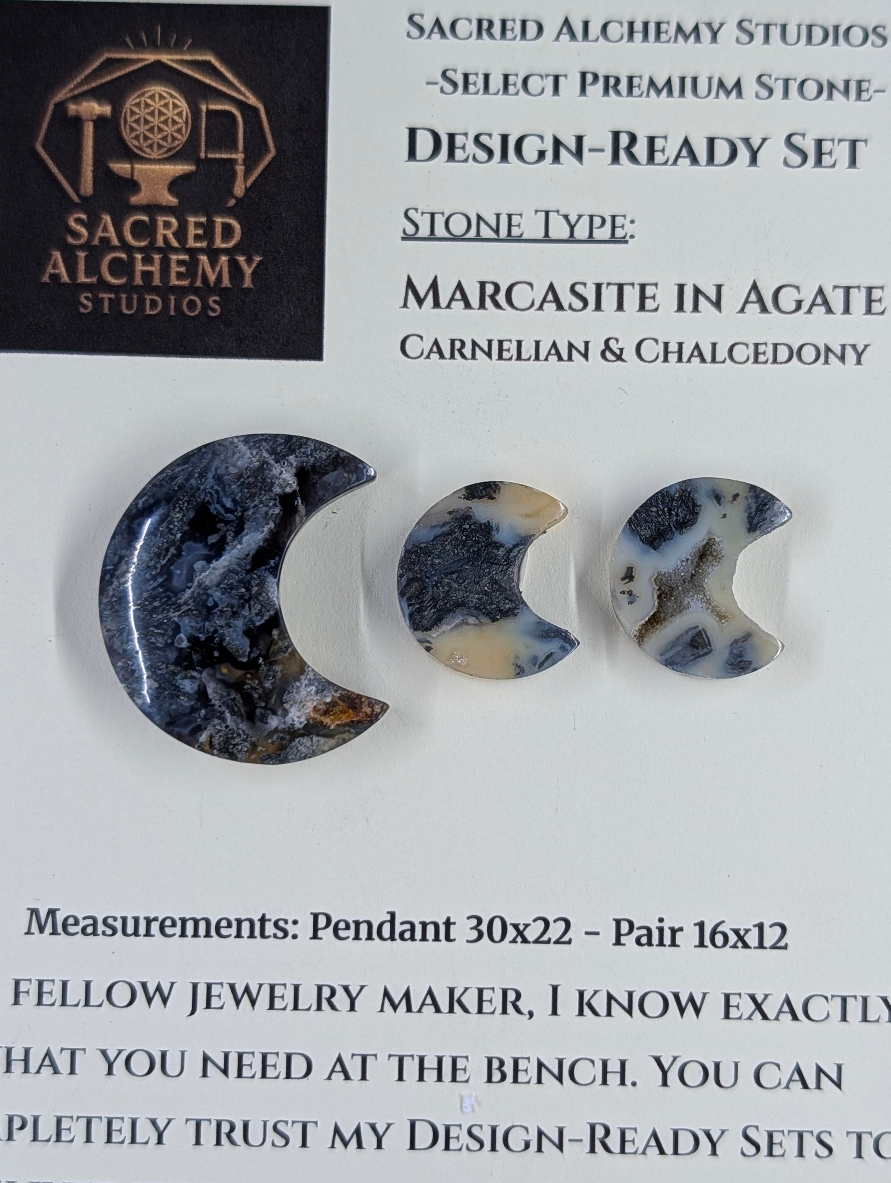 Crescent Moon - Marcasite in Agate - Sacred Alchemy Select - Design-Ready Set