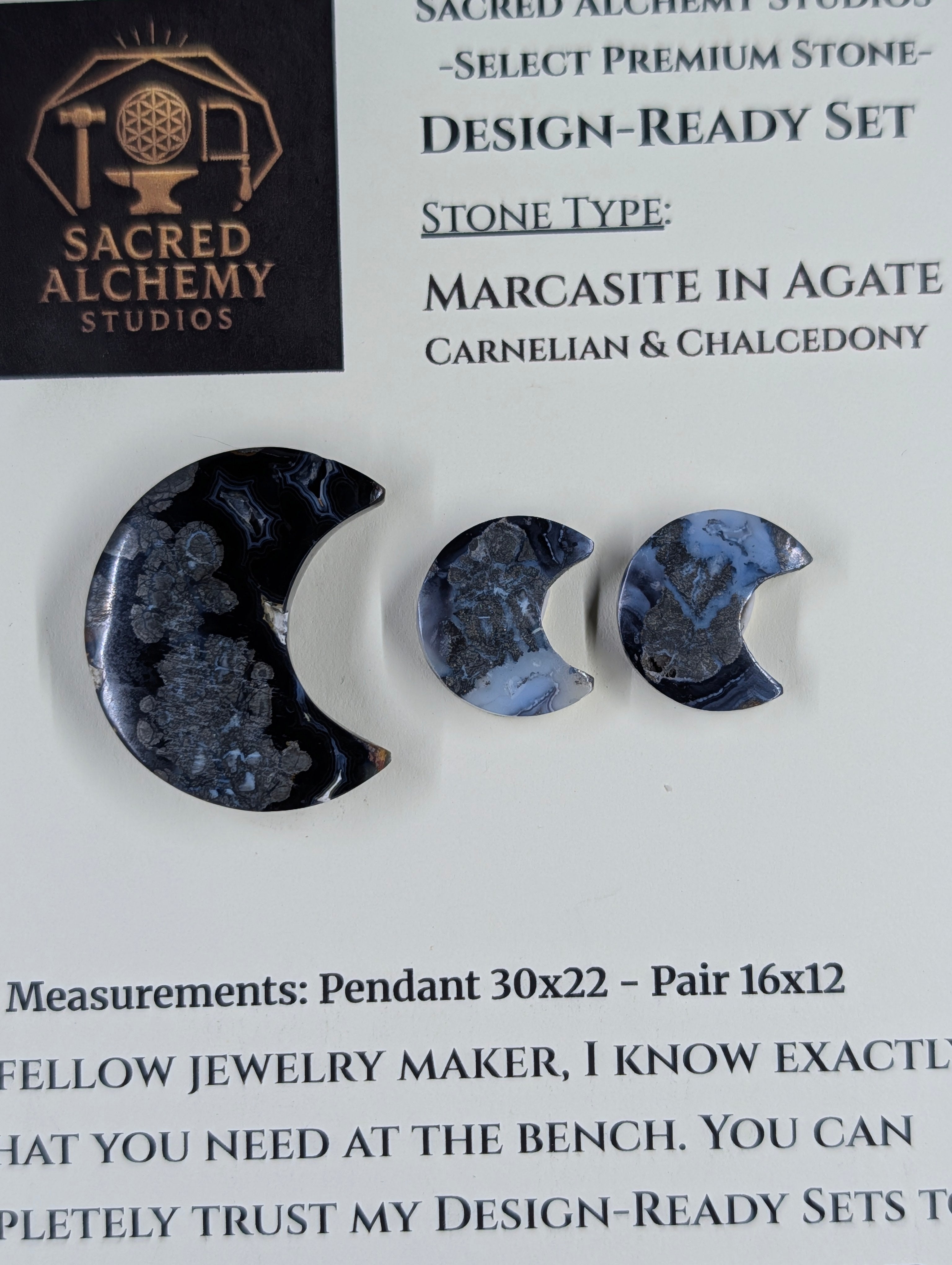 Crescent Moon - Marcasite in Agate - Sacred Alchemy Select - Design-Ready Set