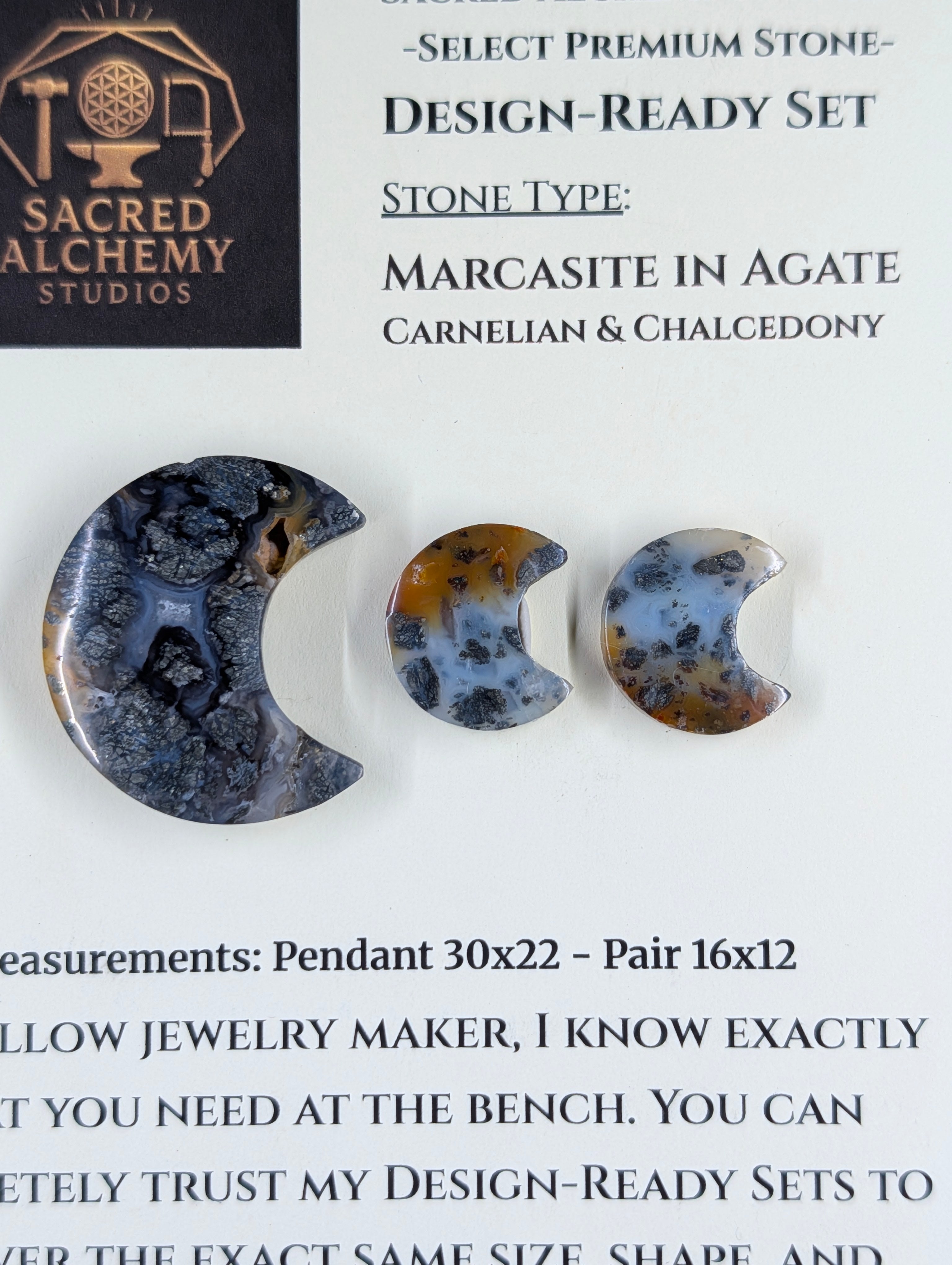 Crescent Moon - Marcasite in Agate - Sacred Alchemy Select - Design-Ready Set