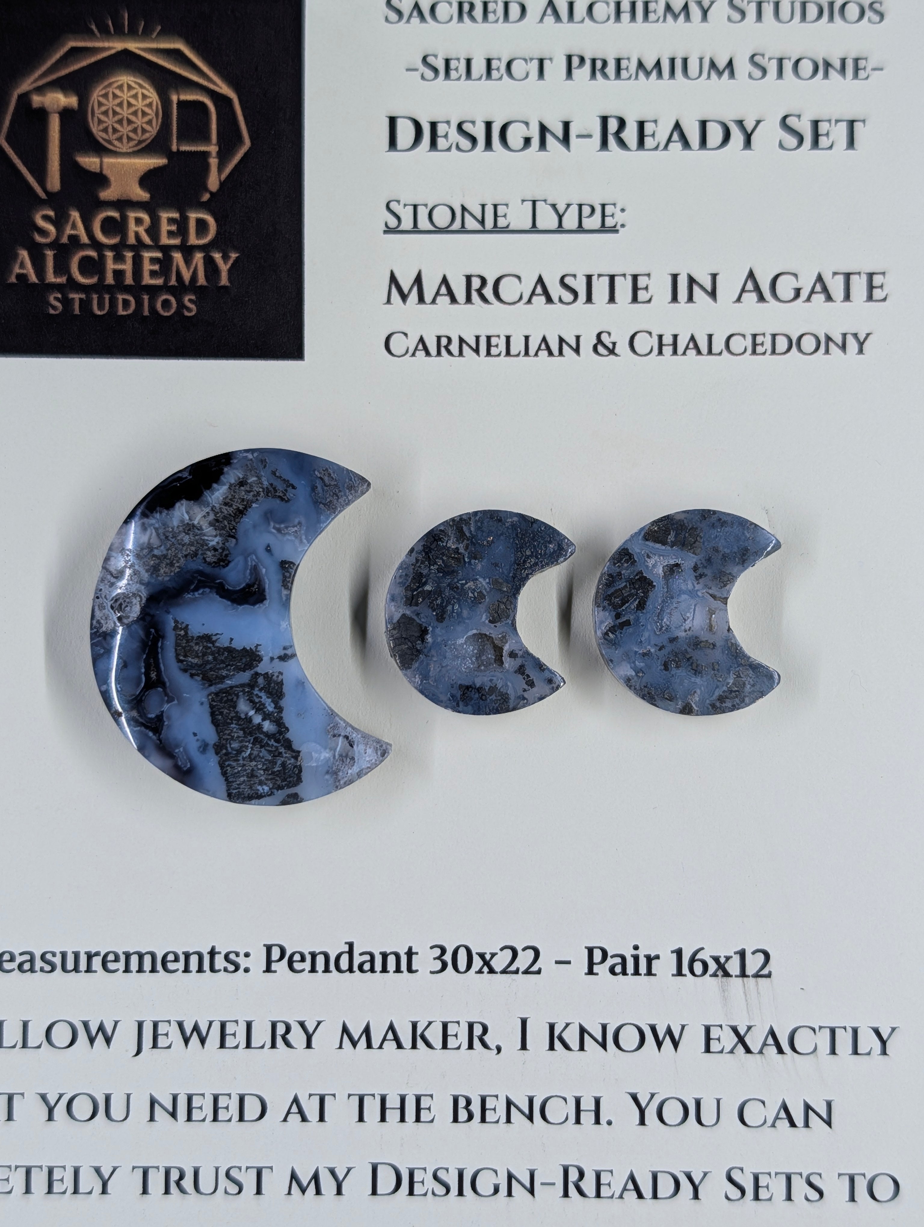 Crescent Moon - Marcasite in Agate - Sacred Alchemy Select - Design-Ready Set
