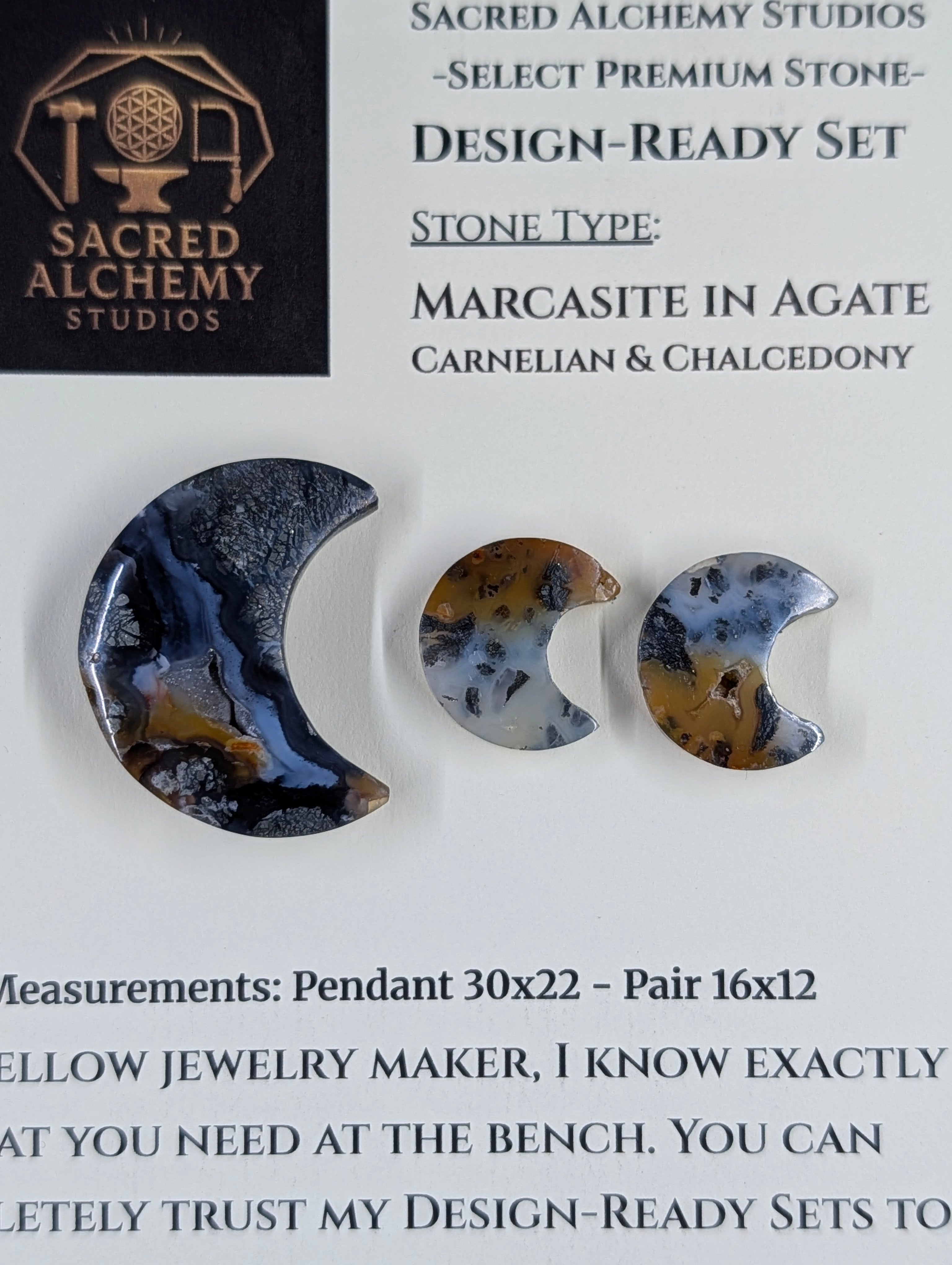 Crescent Moon - Marcasite in Agate - Sacred Alchemy Select - Design-Ready Set