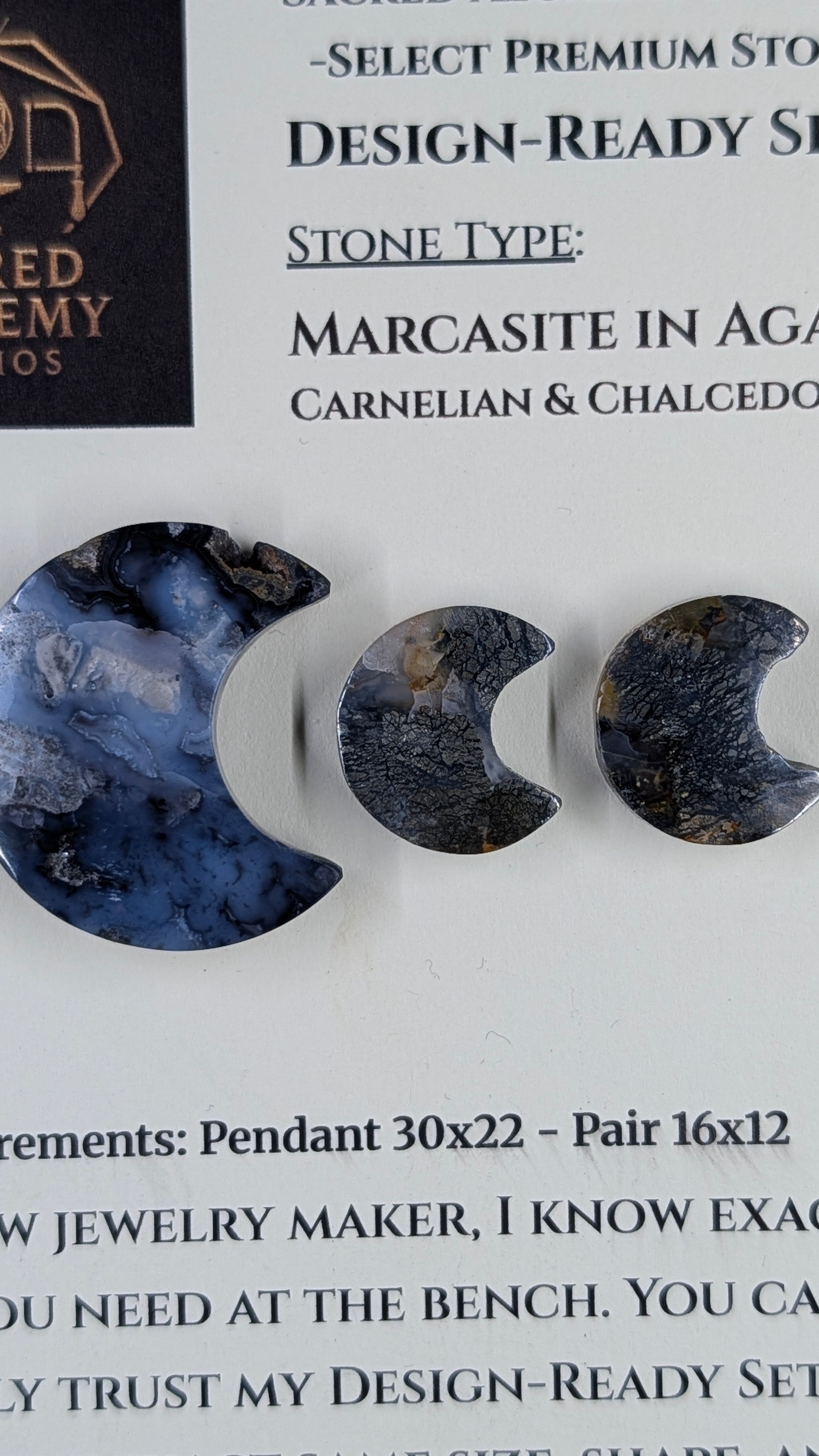 Crescent Moon - Marcasite in Agate - Sacred Alchemy Select - Design-Ready Set