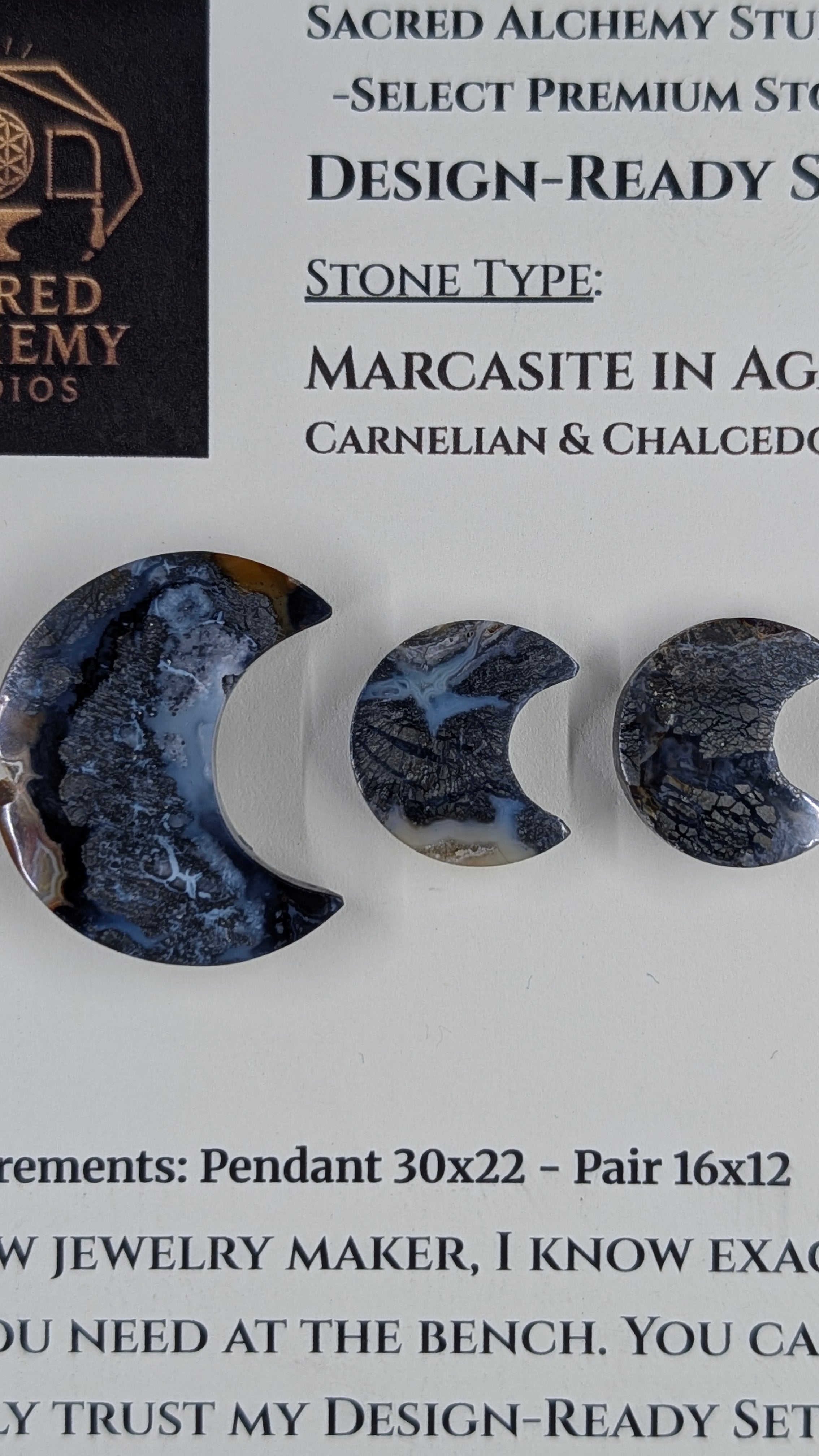 Crescent Moon - Marcasite in Agate - Sacred Alchemy Select - Design-Ready Set