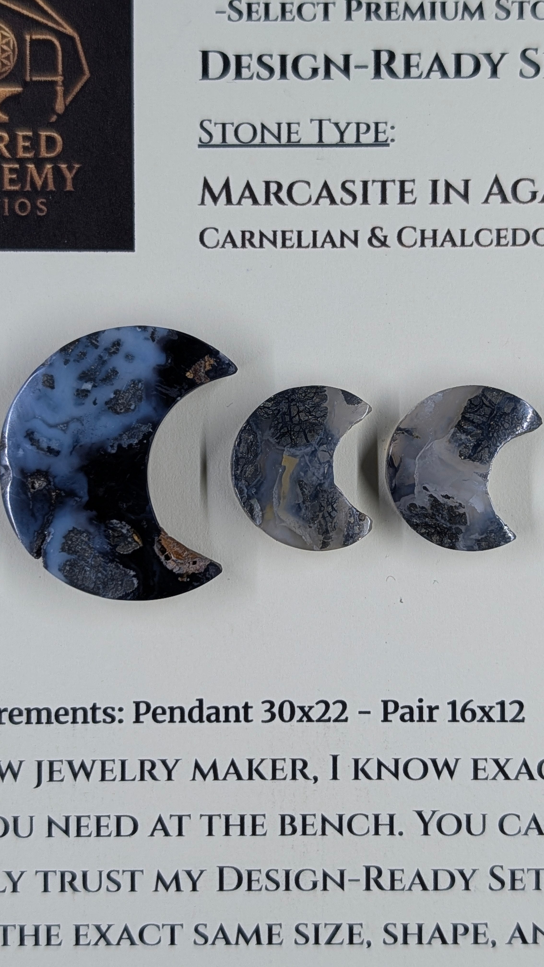 Crescent Moon - Marcasite in Agate - Sacred Alchemy Select - Design-Ready Set