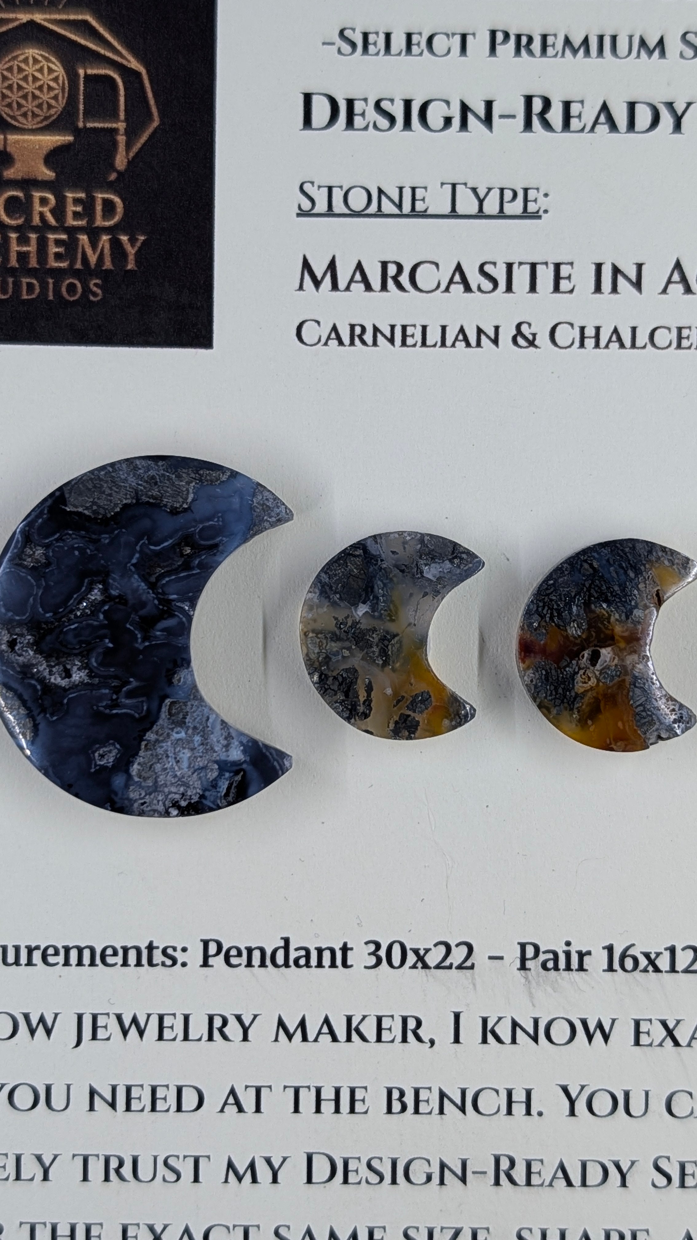 Crescent Moon - Marcasite in Agate - Sacred Alchemy Select - Design-Ready Set
