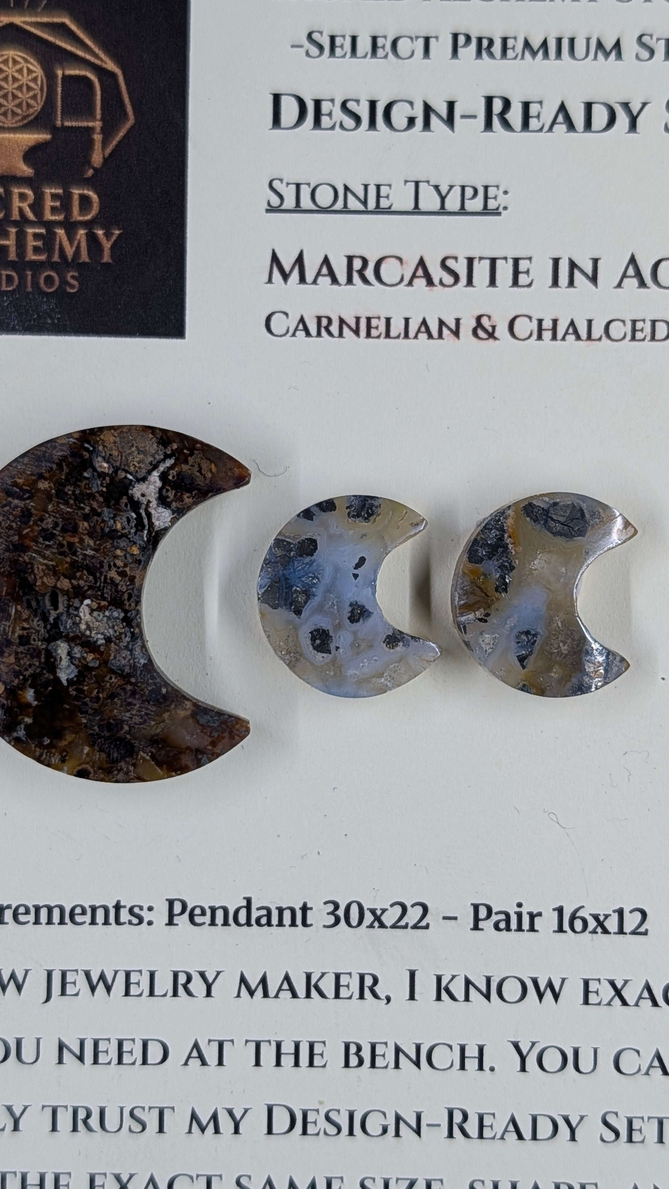 Crescent Moon - Marcasite in Agate - Sacred Alchemy Select - Design-Ready Set