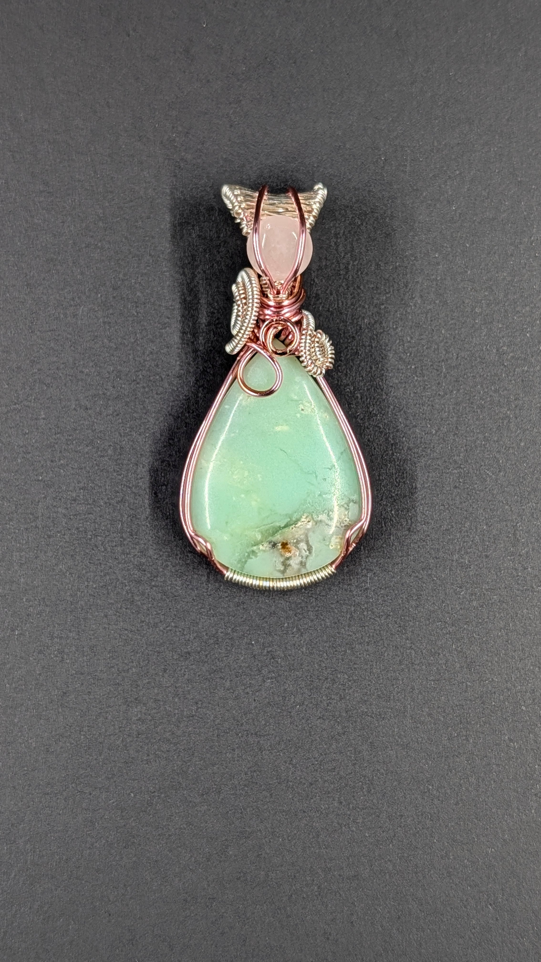 Handcrafted Tear Shaped Garnierite Pendant with Rose Quartz Accent in Pure Copper