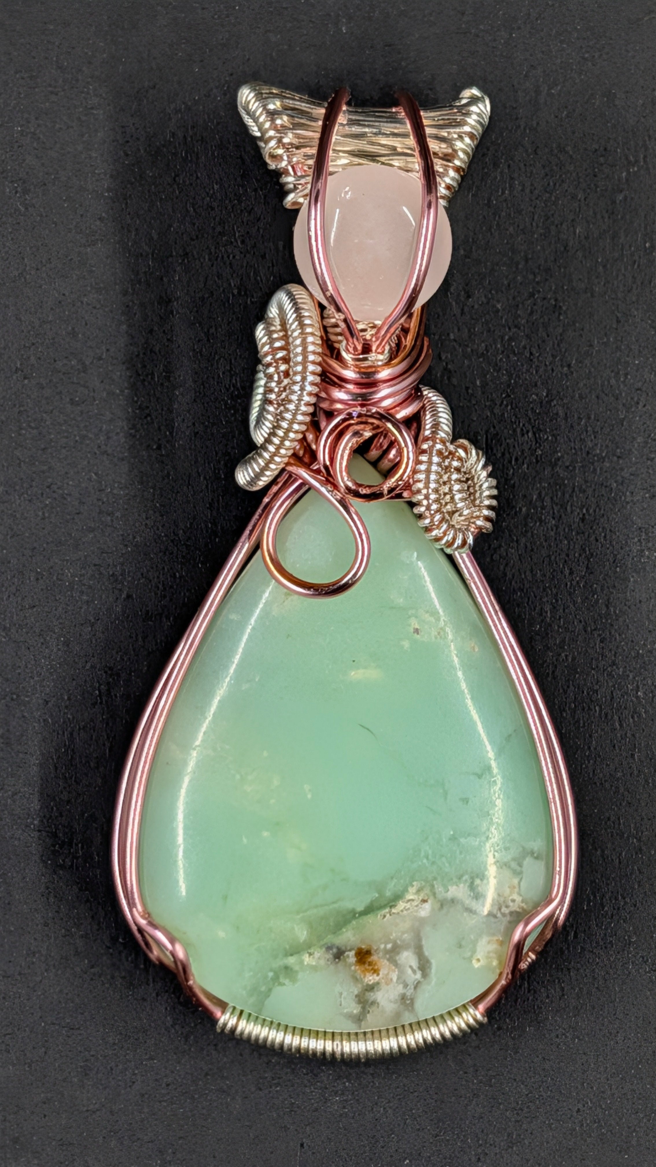 Handcrafted Tear Shaped Garnierite Pendant with Rose Quartz Accent in Pure Copper