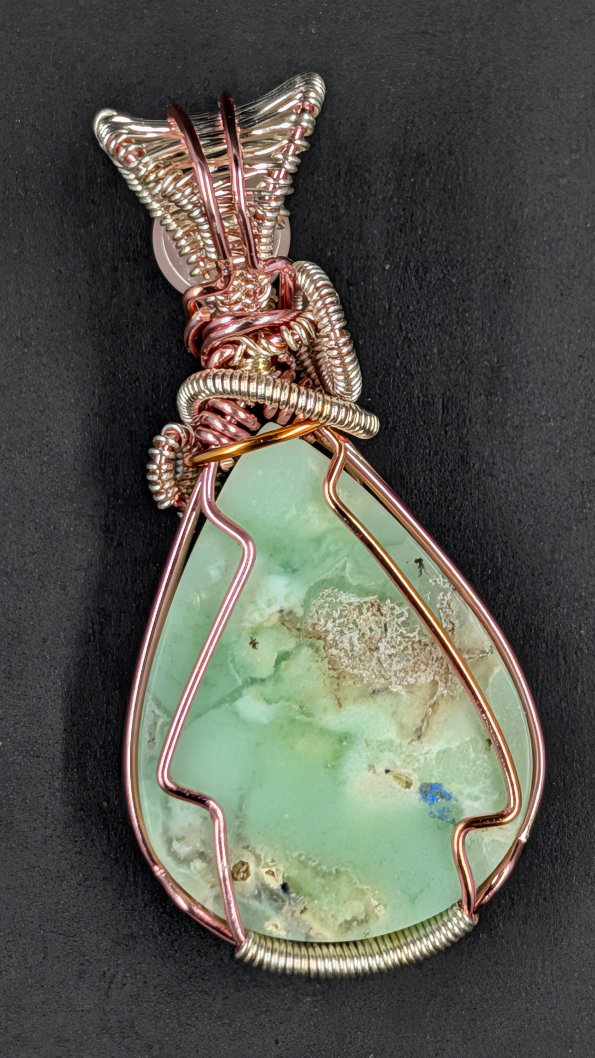 Handcrafted Tear Shaped Garnierite Pendant with Rose Quartz Accent in Pure Copper