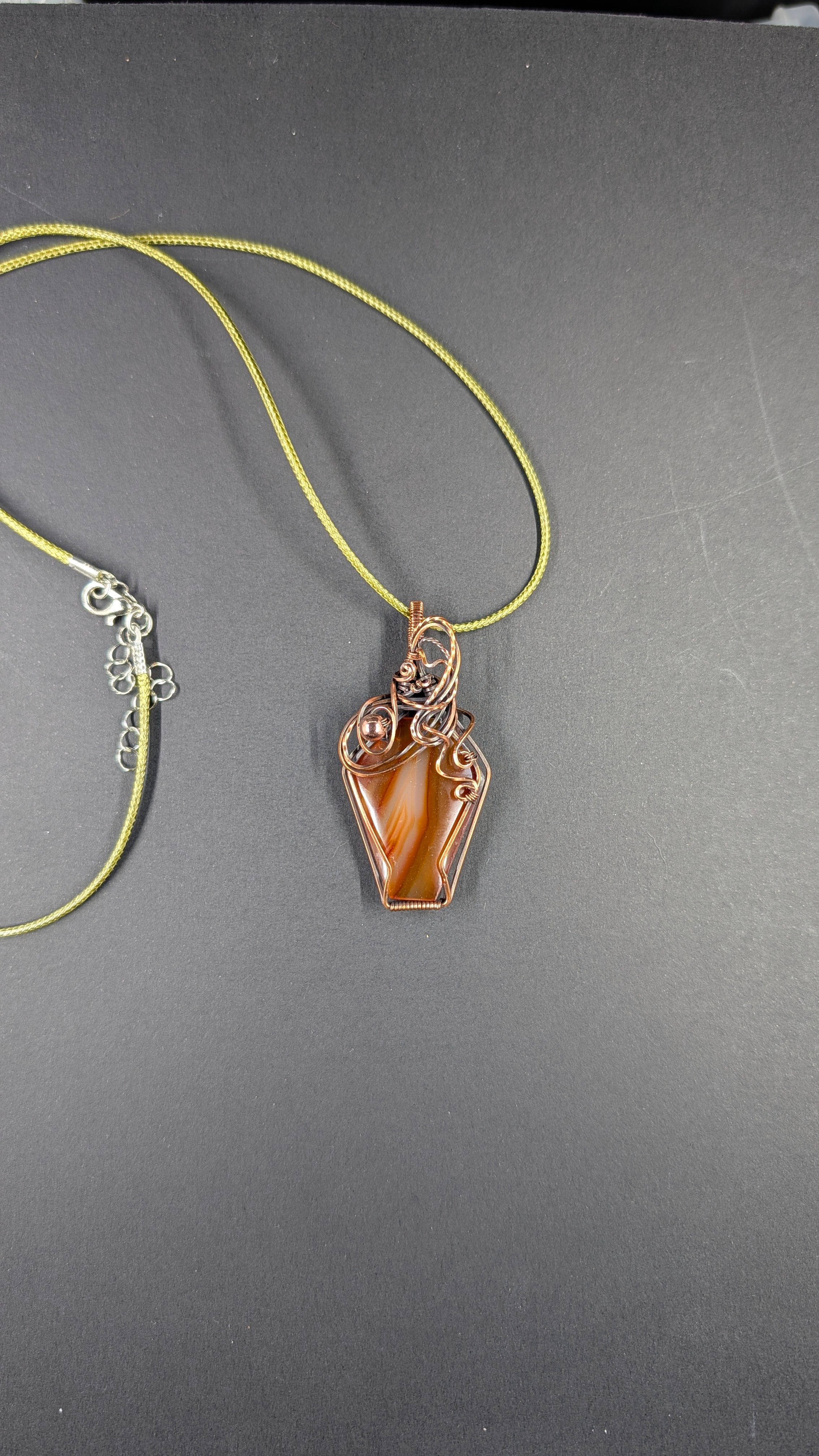 Handcrafted Coffin Shaped Carnelian Wire Wrapped Pendant in Pure Copper