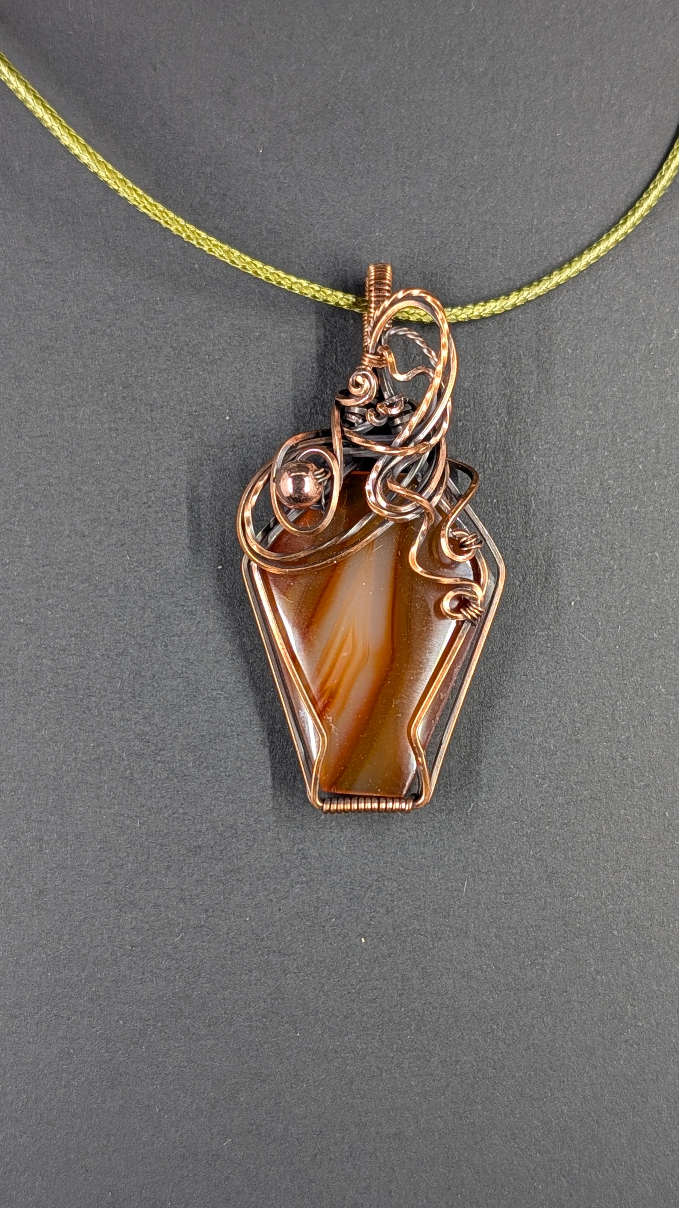 Handcrafted Coffin Shaped Carnelian Wire Wrapped Pendant in Pure Copper