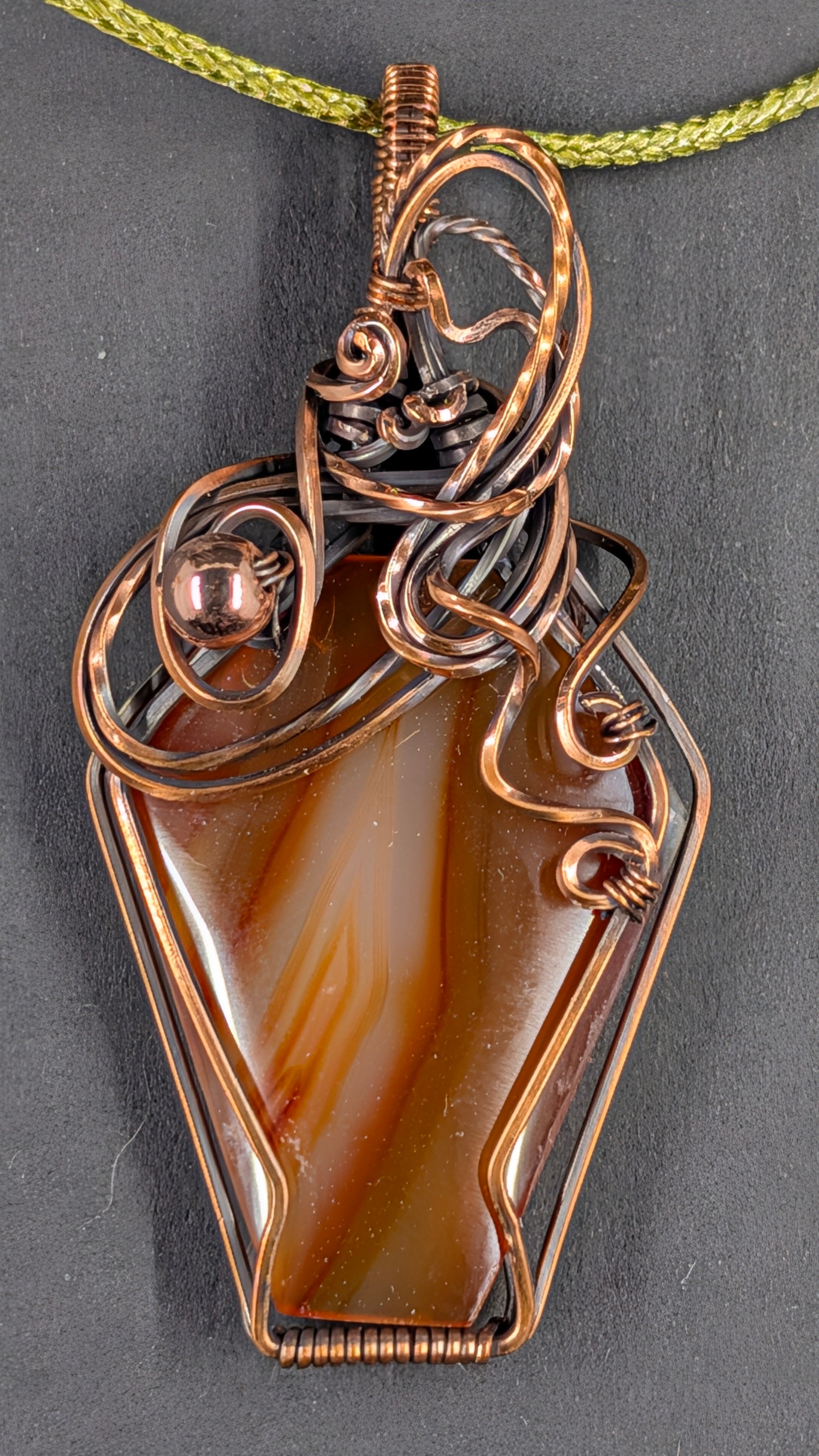 Handcrafted Coffin Shaped Carnelian Wire Wrapped Pendant in Pure Copper