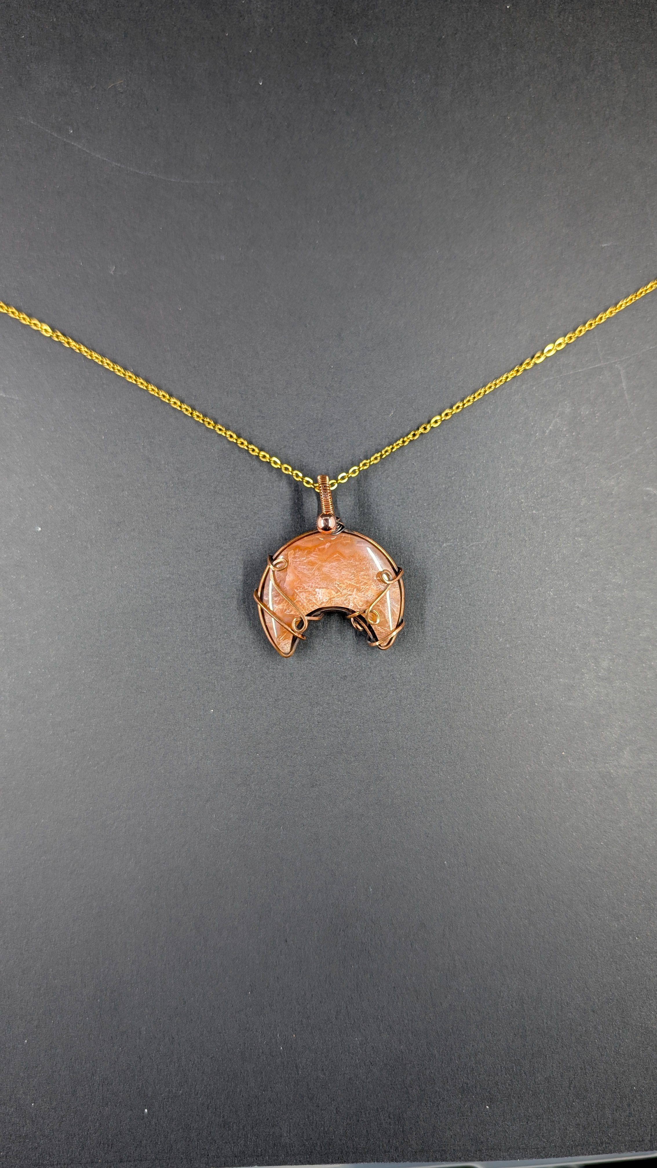 Handcrafted Crescent Moon Carnelian Wire Wrapped Pendant in Pure Copper