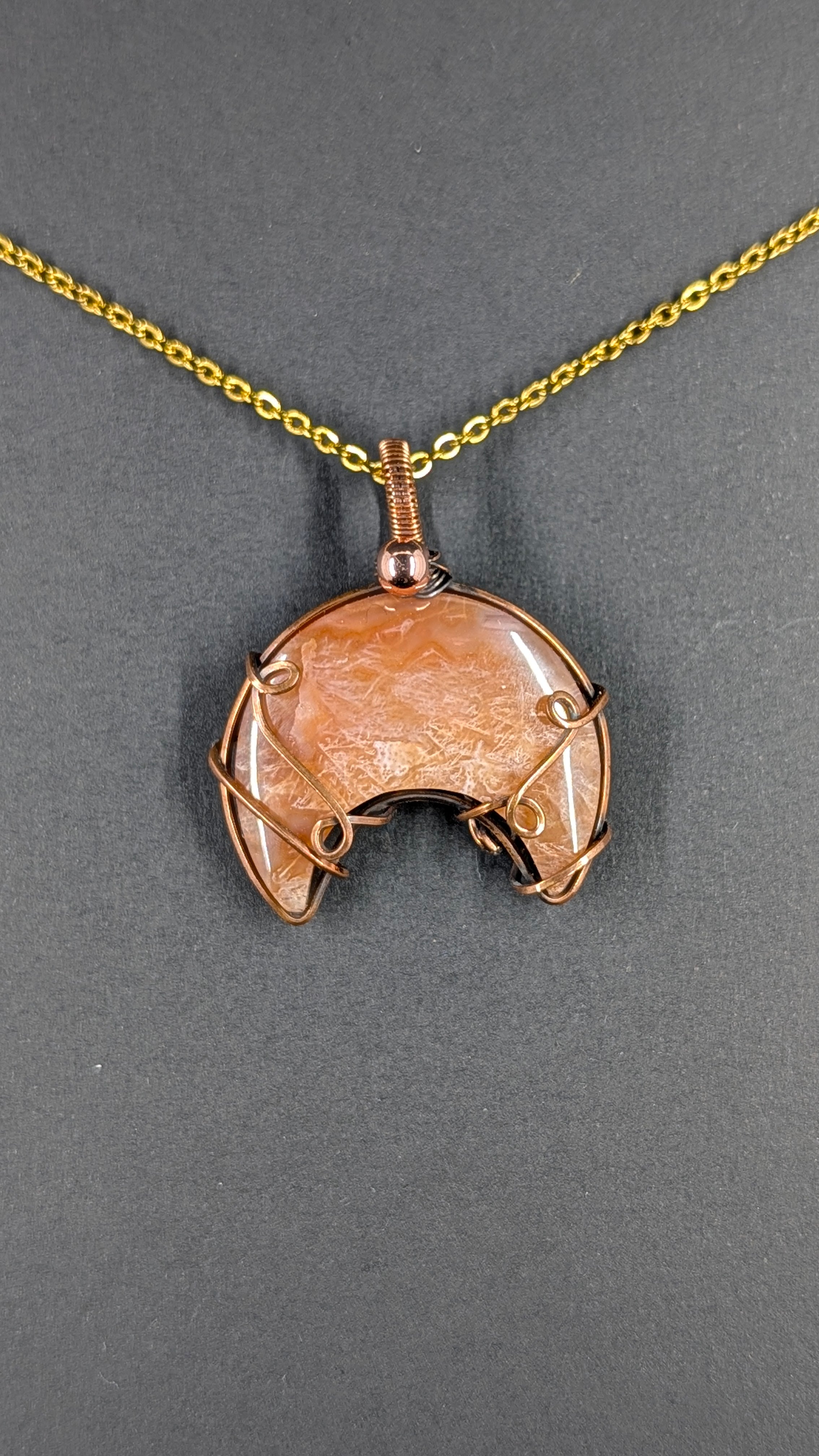 Handcrafted Crescent Moon Carnelian Wire Wrapped Pendant in Pure Copper